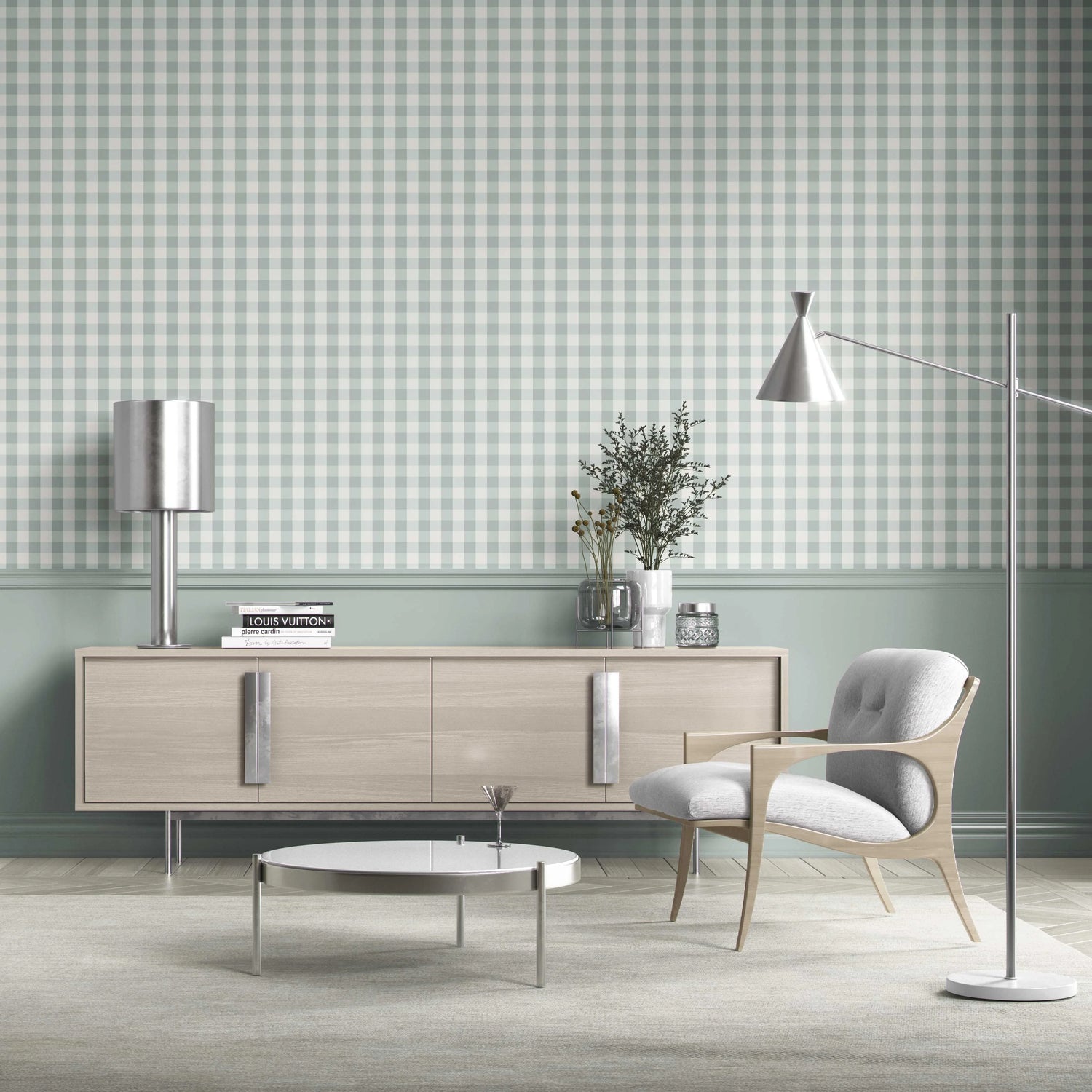 Geometric Gingham Kitchen Wallpaper (Powder Blue)