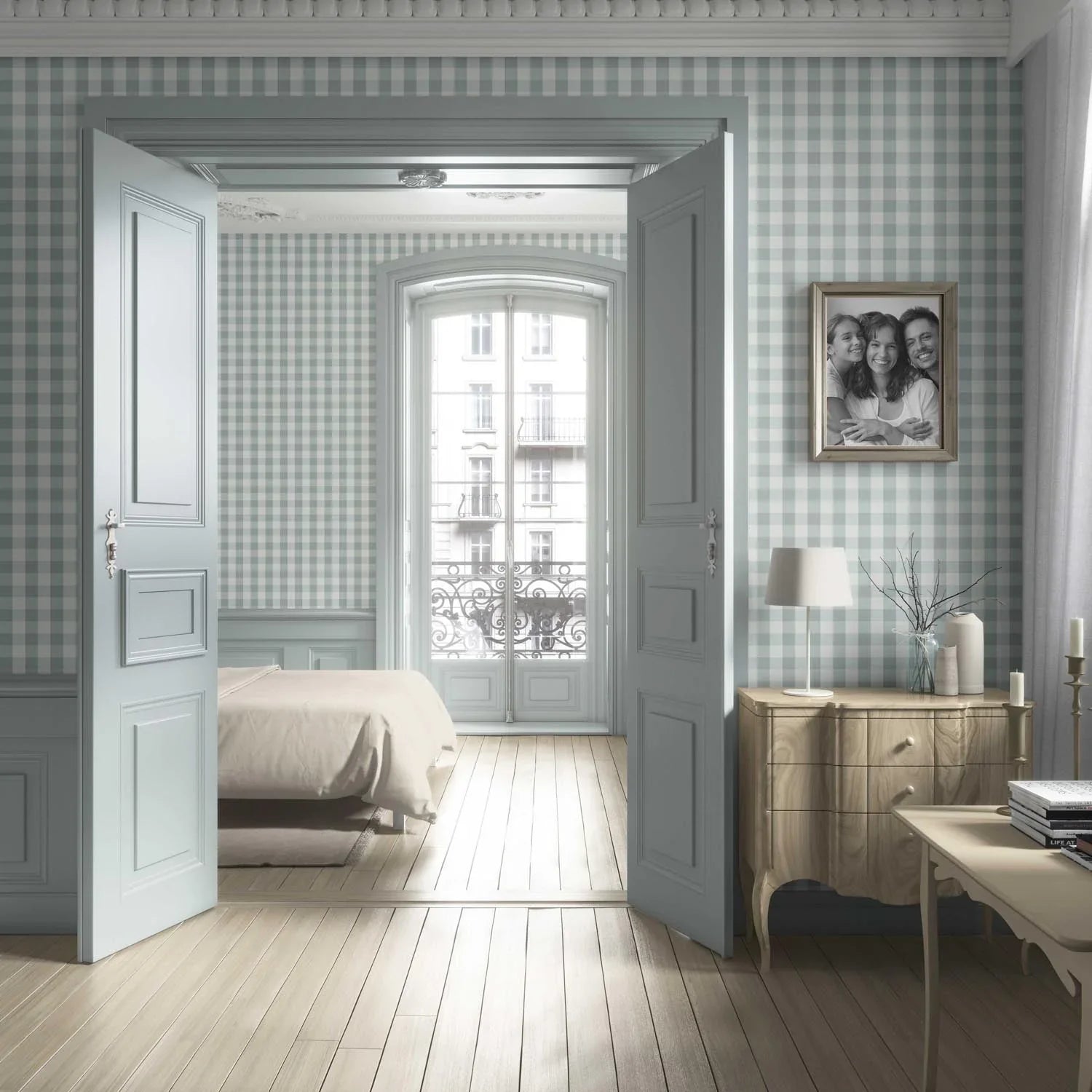 Geometric Gingham Living Room Wallpaper (Powder Blue)