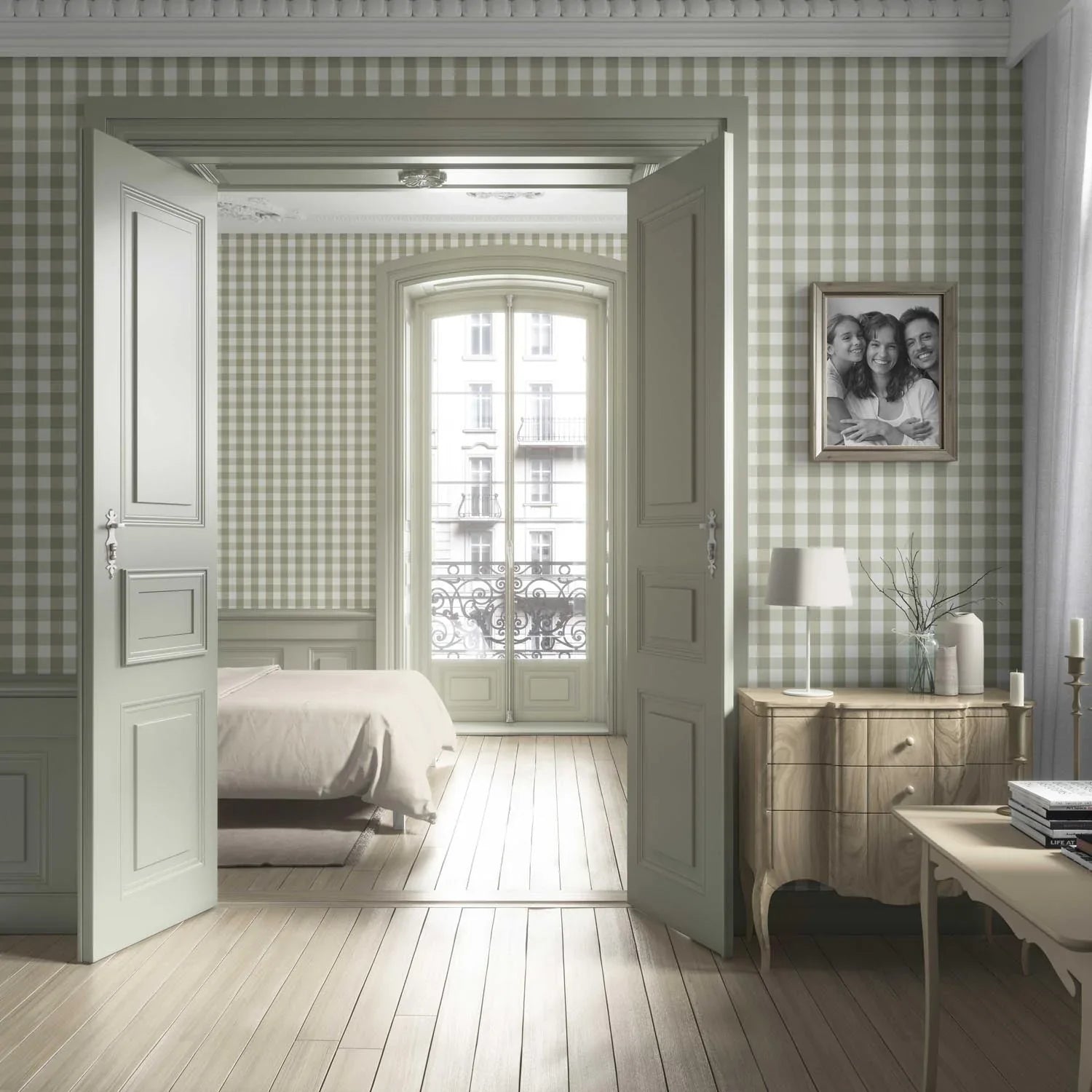 Geometric Gingham Kitchen Wallpaper (Olive Green)