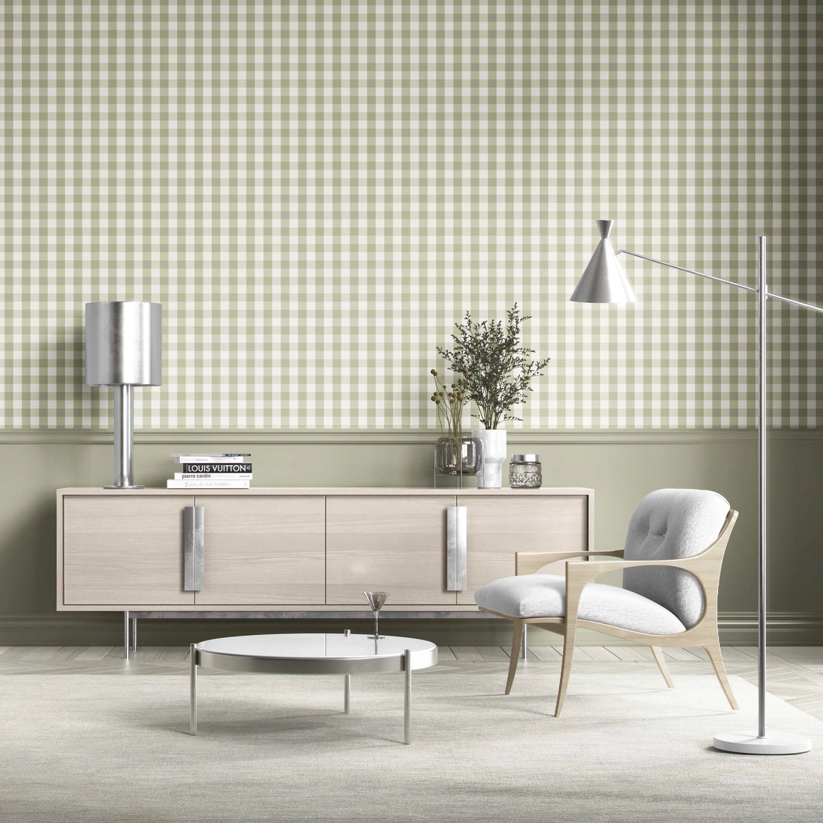 Geometric Gingham Living Room Wallpaper (Olive Green)