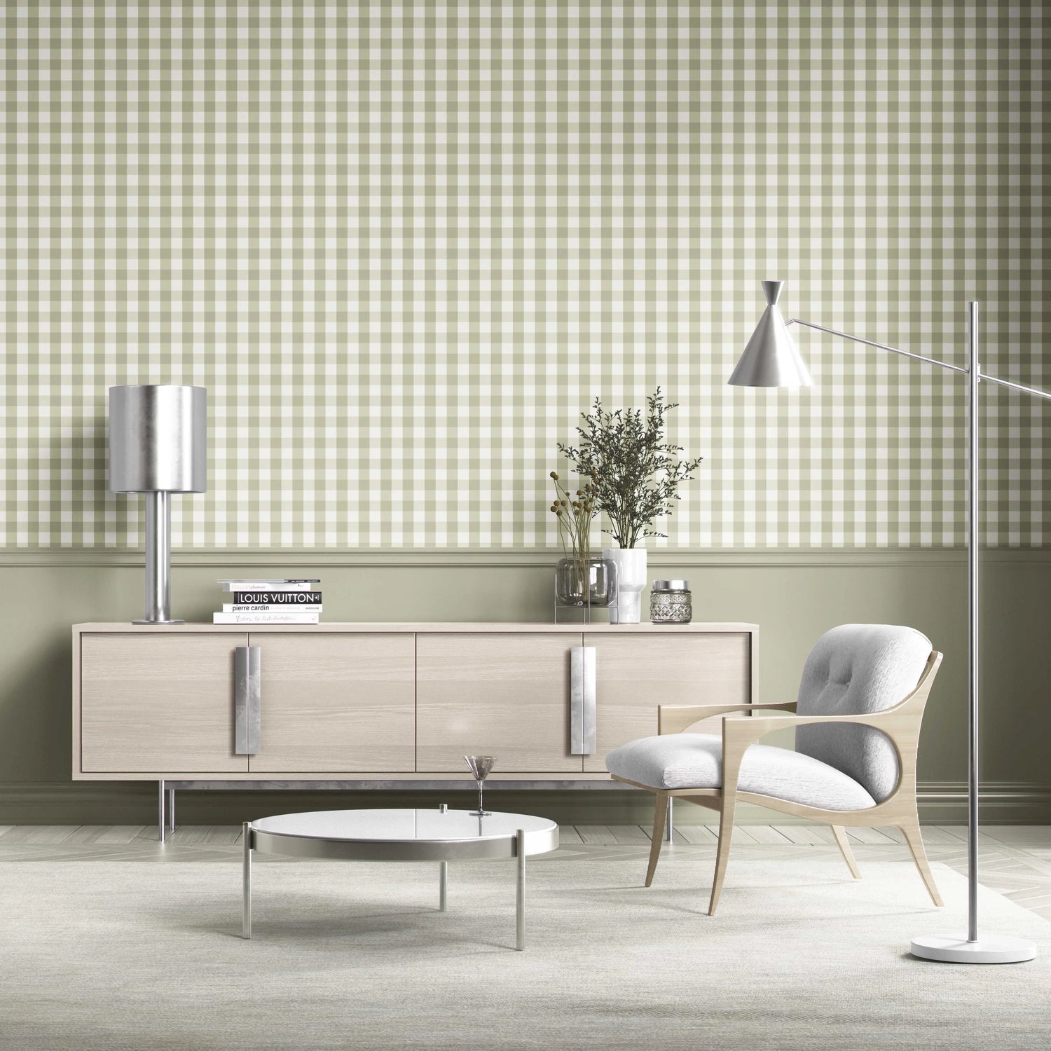 Geometric Gingham Living Room Wallpaper (Olive Green)
