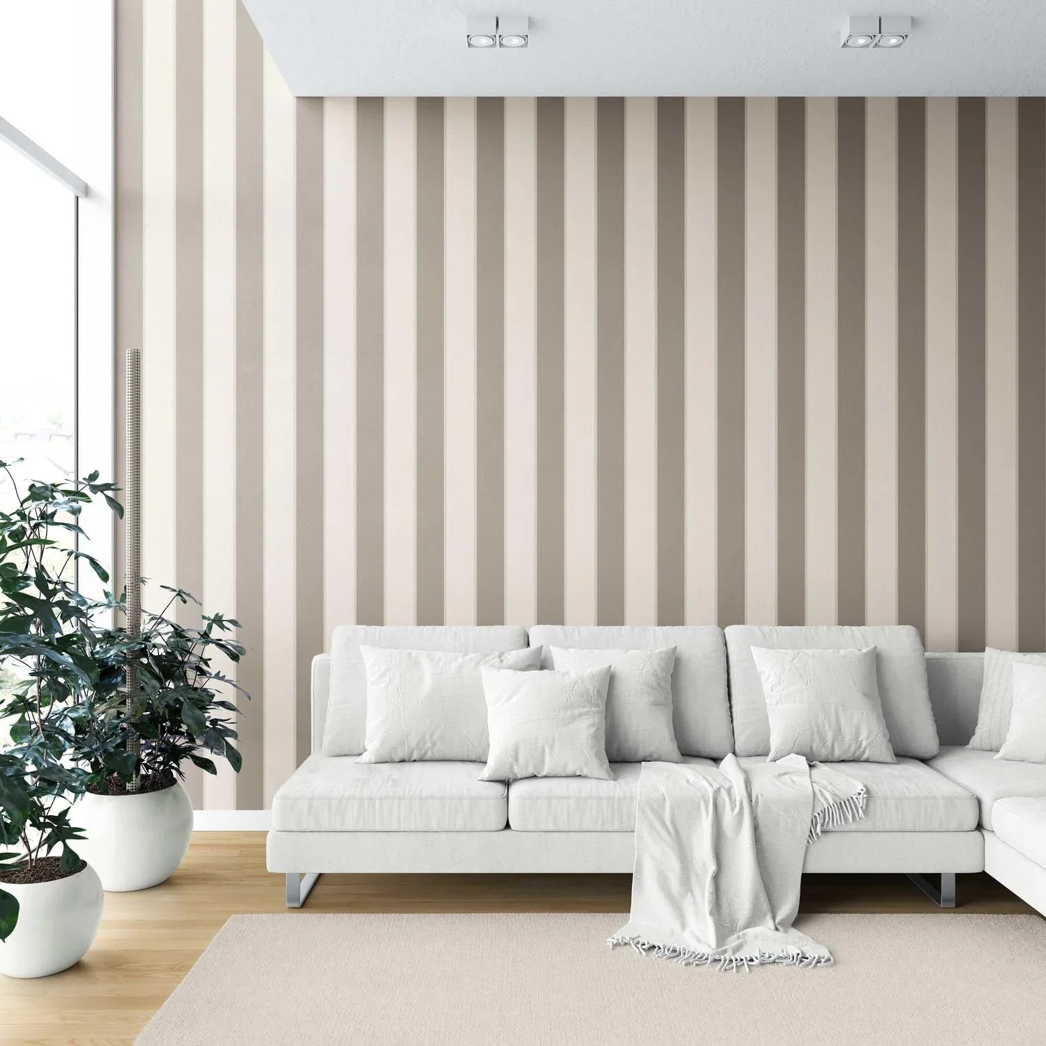 Neutral Geometric Striped Kitchen Wallpaper (Cream/ Taupe Grey/ Brown)