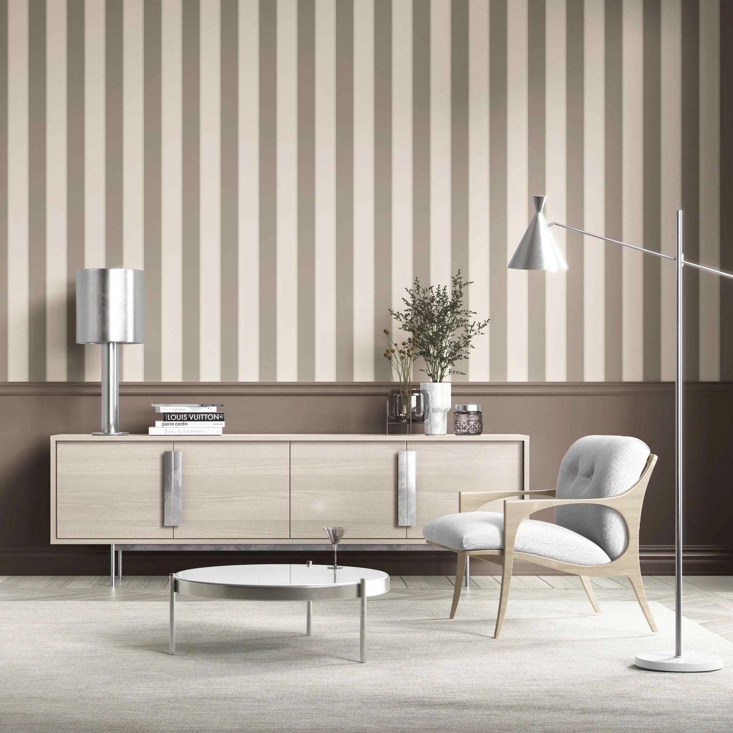 Neutral Geometric Striped Shower Toilet Wallpaper (Cream/ Taupe Grey/ Brown)