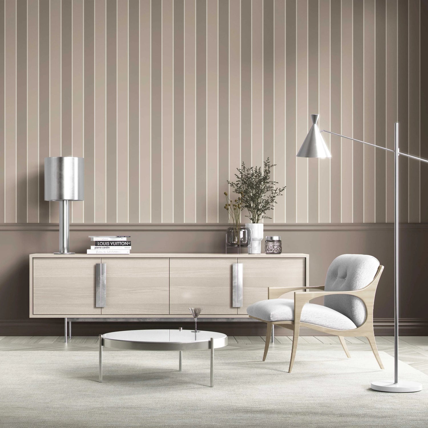 Neutral Geometric Striped Kitchen Wallpaper (Taupe Grey/ Brown)