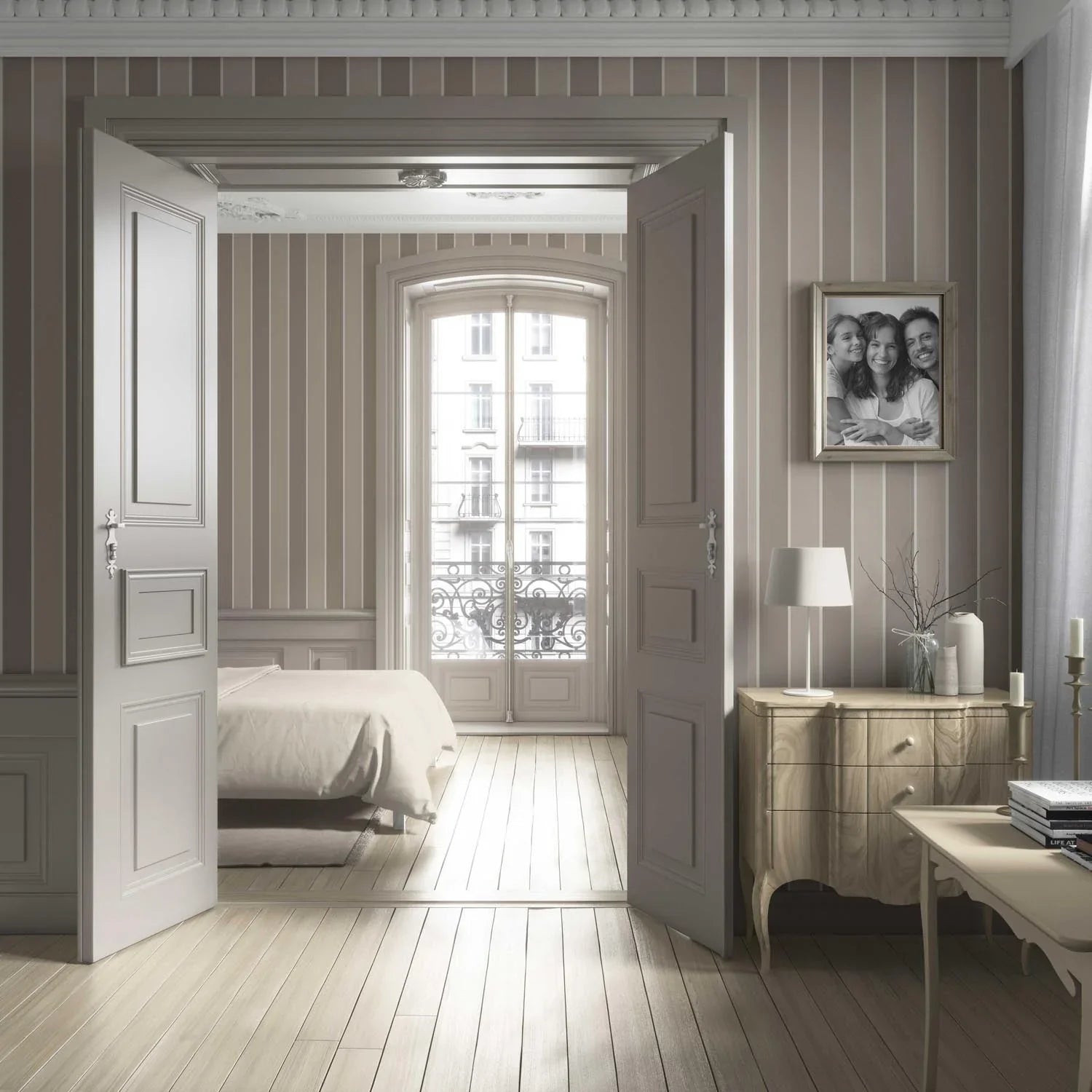 Neutral Geometric Striped Bathroom Wallpaper (Taupe Grey/ Brown)
