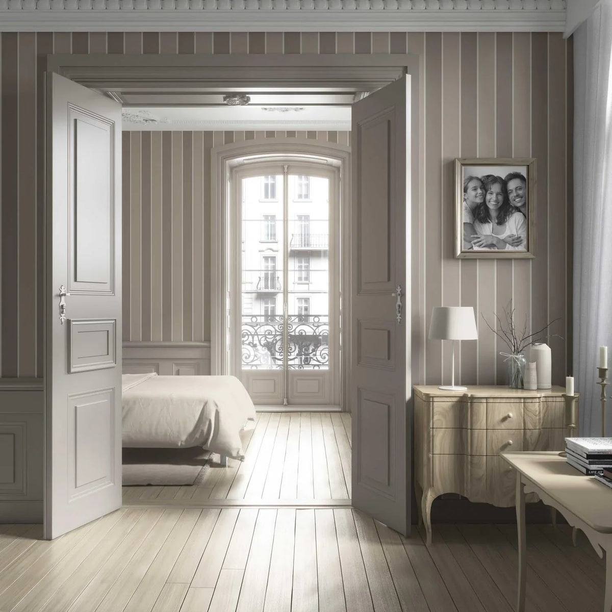 Neutral Geometric Striped Bathroom Wallpaper (Taupe Grey/ Brown)