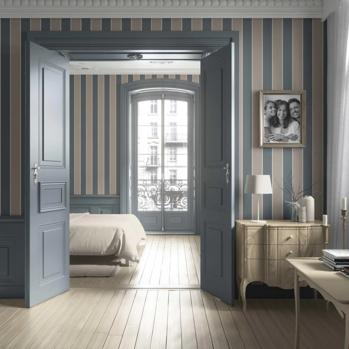 Neutral Geometric Striped Kitchen Wallpaper (Stone Blue/ Beige)