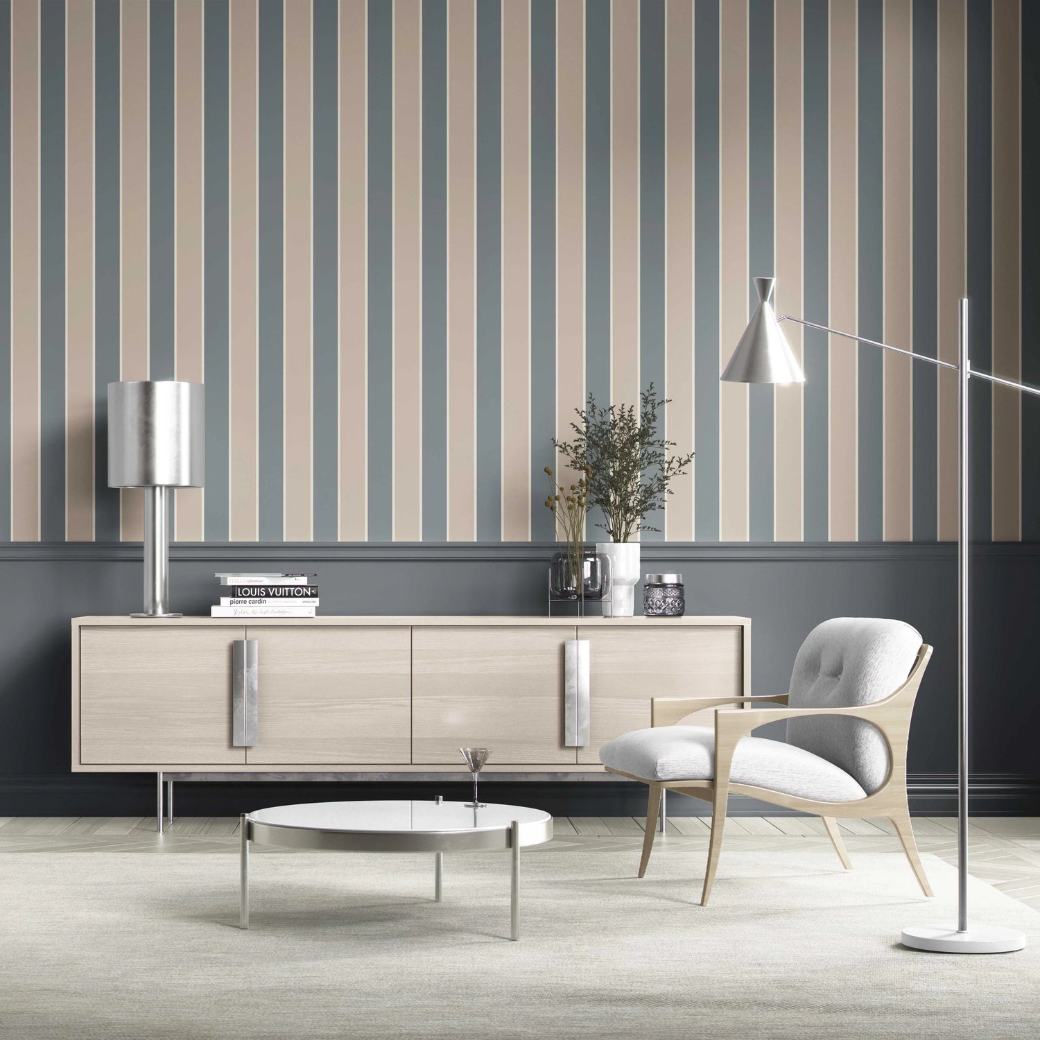 Neutral Geometric Striped Bathroom Wallpaper (Stone Blue/ Beige)