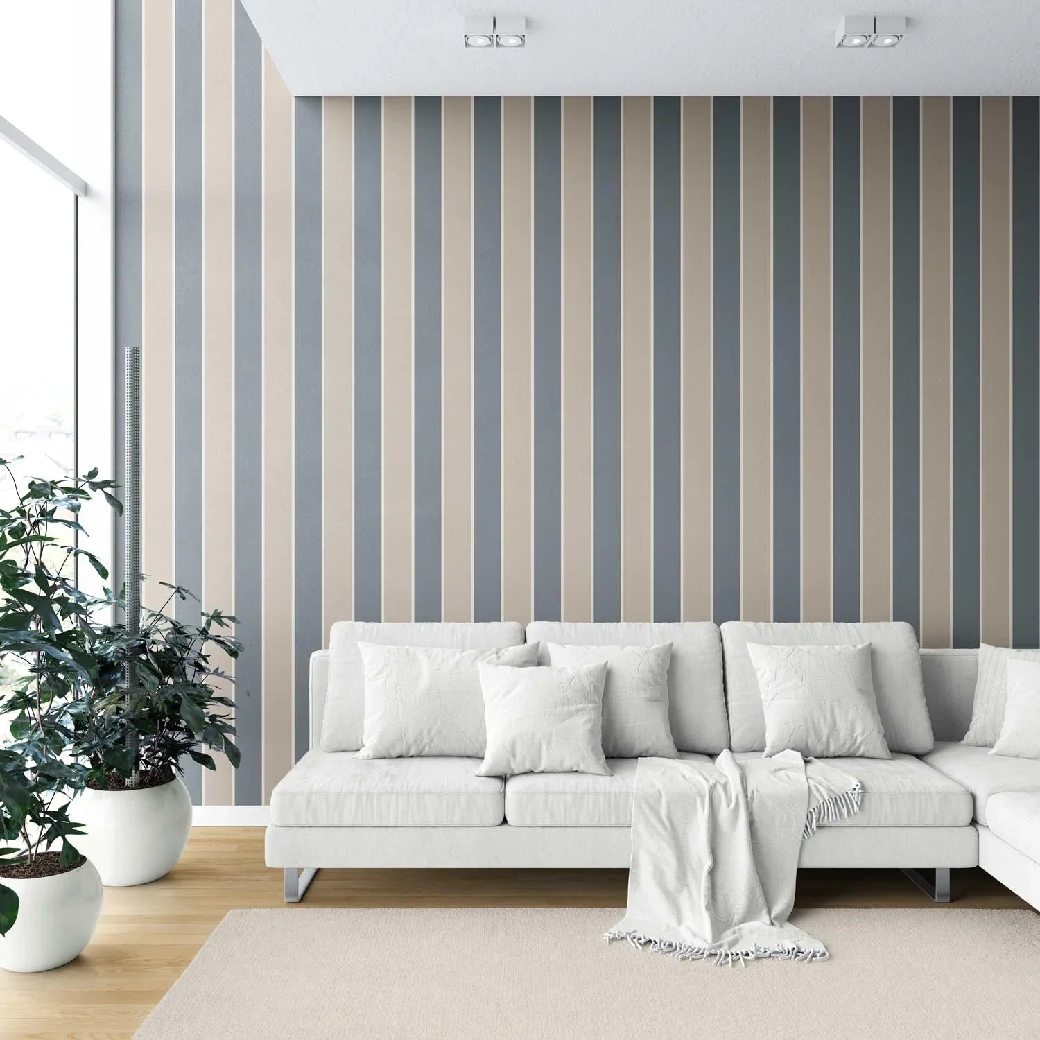 Neutral Geometric Striped Shower Toilet Wallpaper (Stone Blue/ Beige)