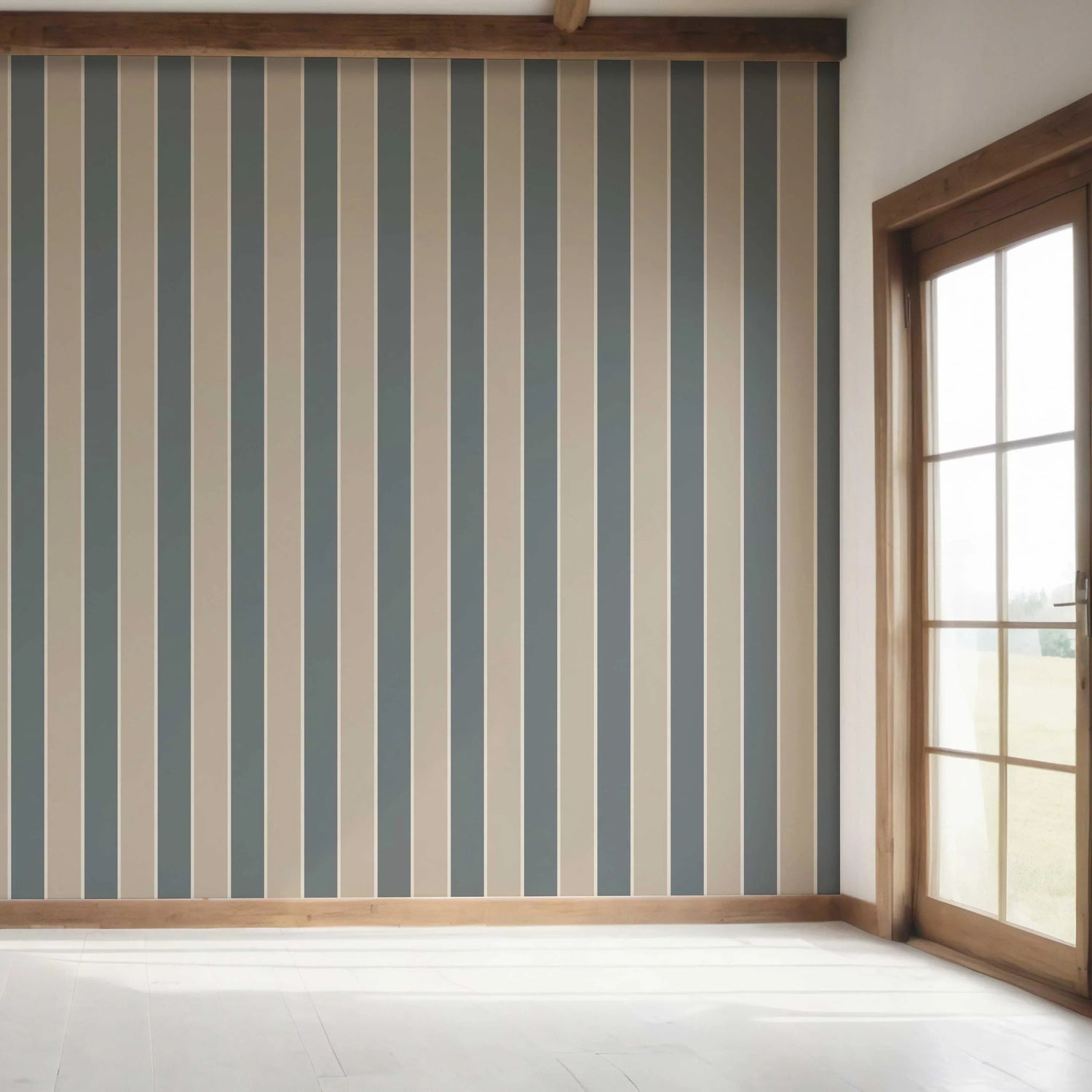 Neutral Geometric Striped Bedroom Wallpaper (Stone Blue/ Beige)