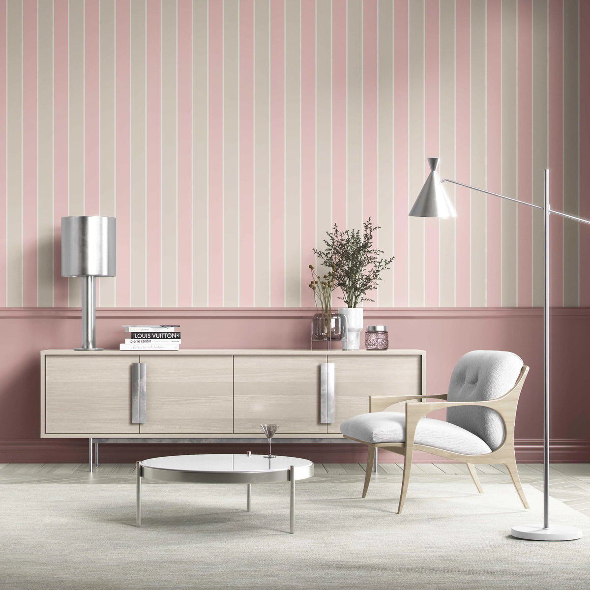 Geometric Striped Kitchen Wallpaper (Soft Pink/ Taupe)