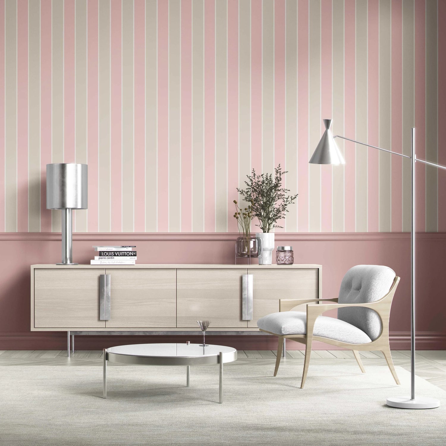 Geometric Striped Kitchen Wallpaper (Soft Pink/ Taupe)