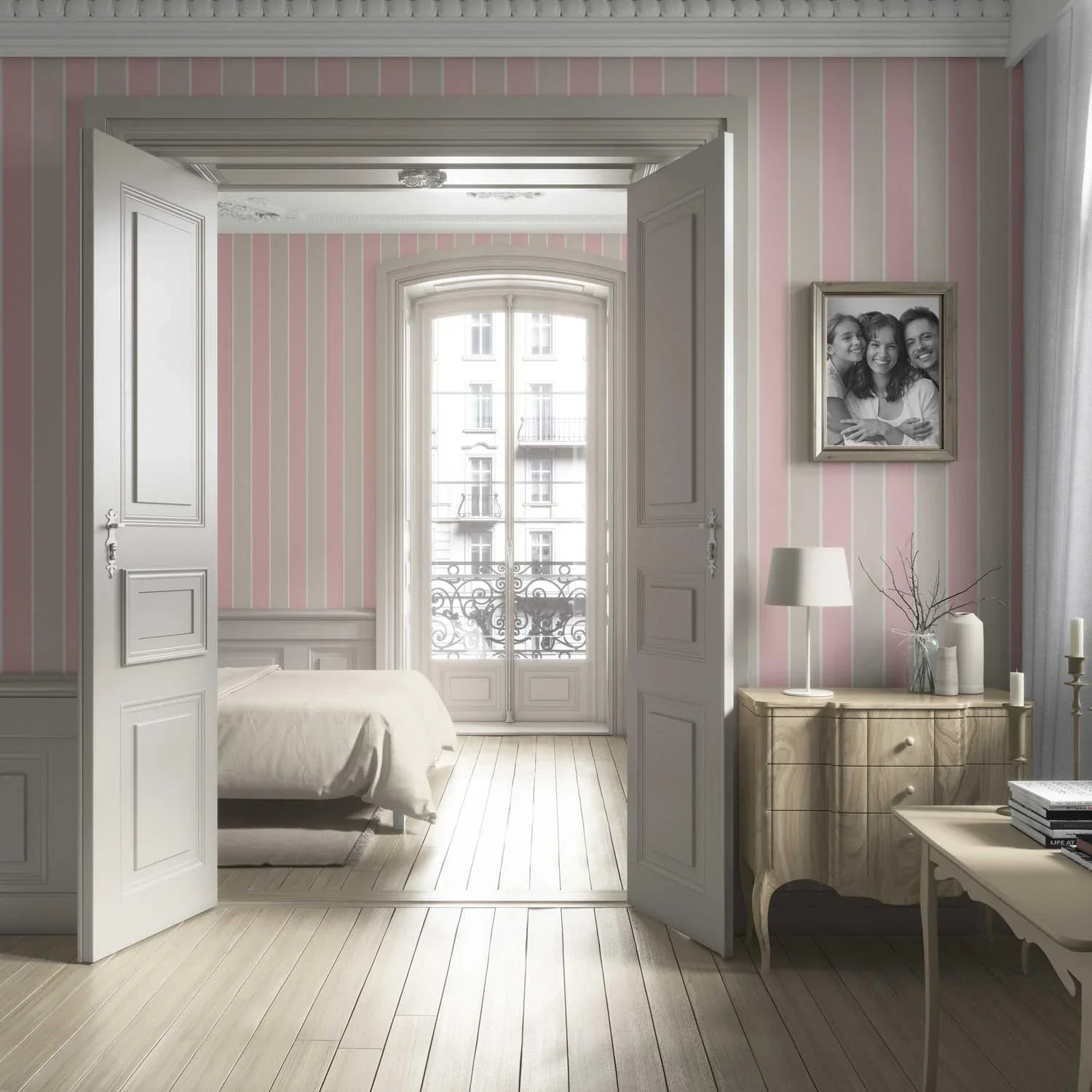 Geometric Striped Bathroom Wallpaper (Soft Pink/ Taupe)