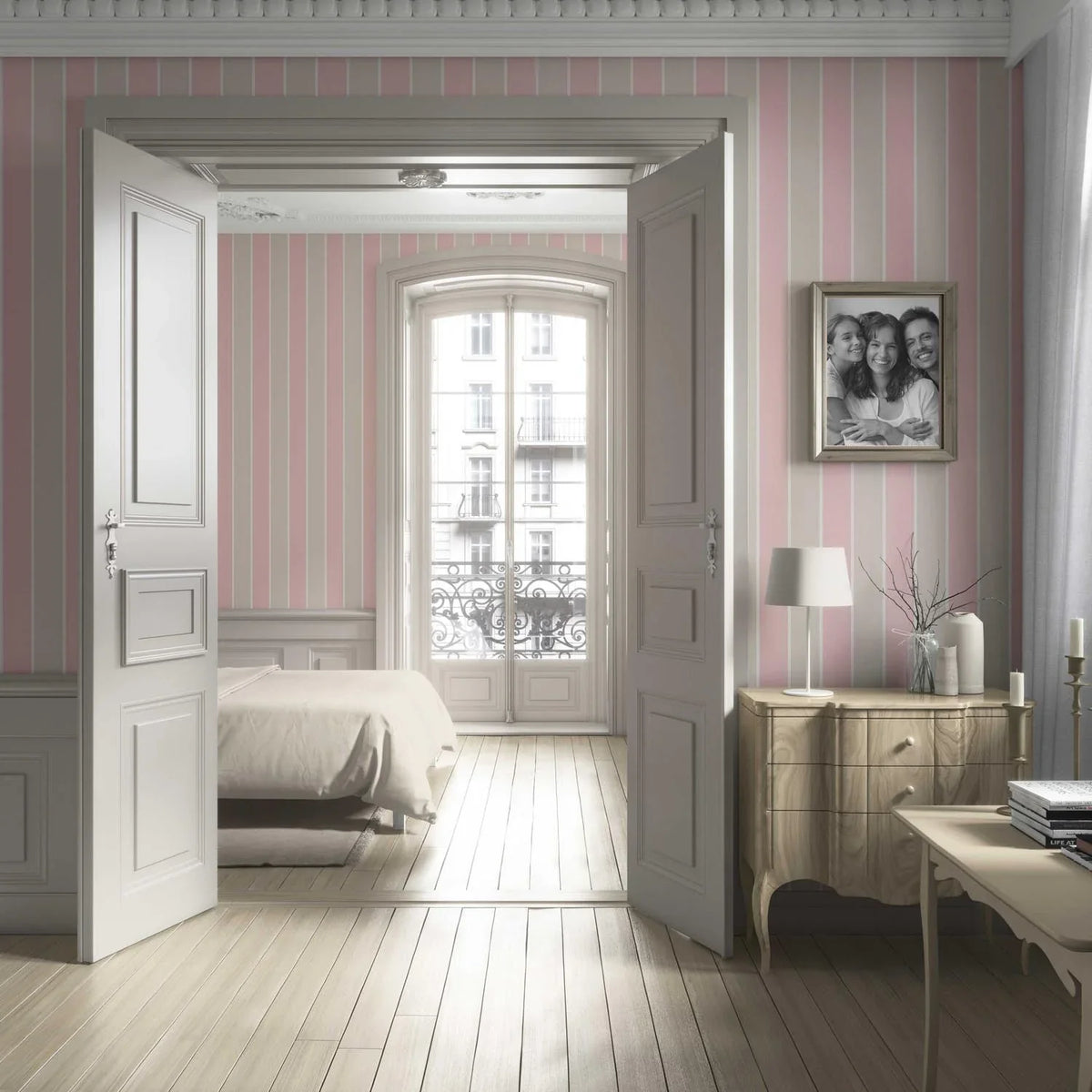Geometric Striped Bathroom Wallpaper (Soft Pink/ Taupe)