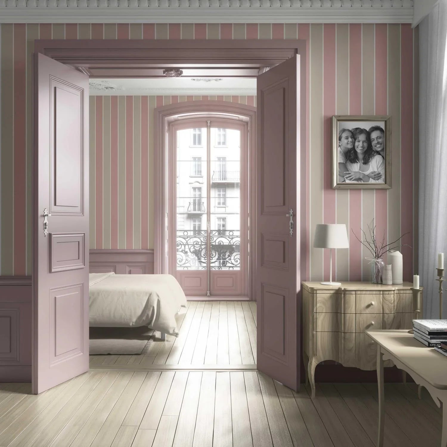Geometric Striped Bathroom Wallpaper (Dusty Pink/ Taupe)