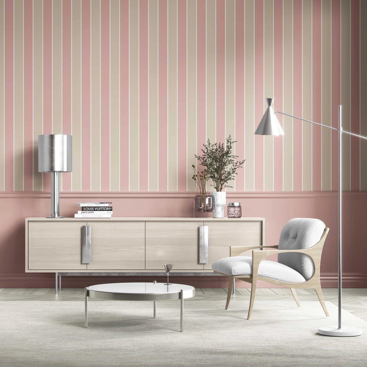 Geometric Striped Shower Toilet Wallpaper (Dusty Pink/ Taupe)
