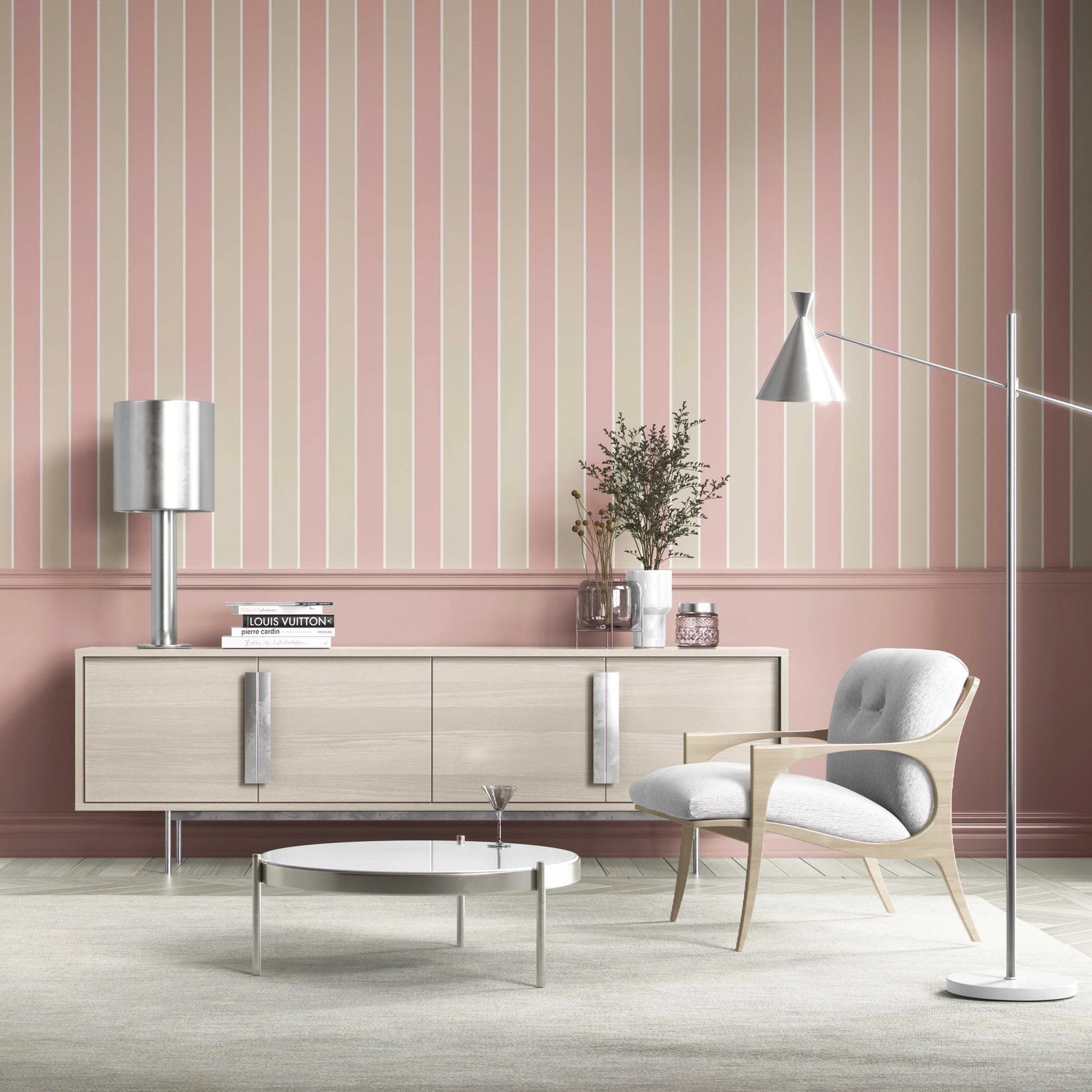 Geometric Striped Shower Toilet Wallpaper (Dusty Pink/ Taupe)