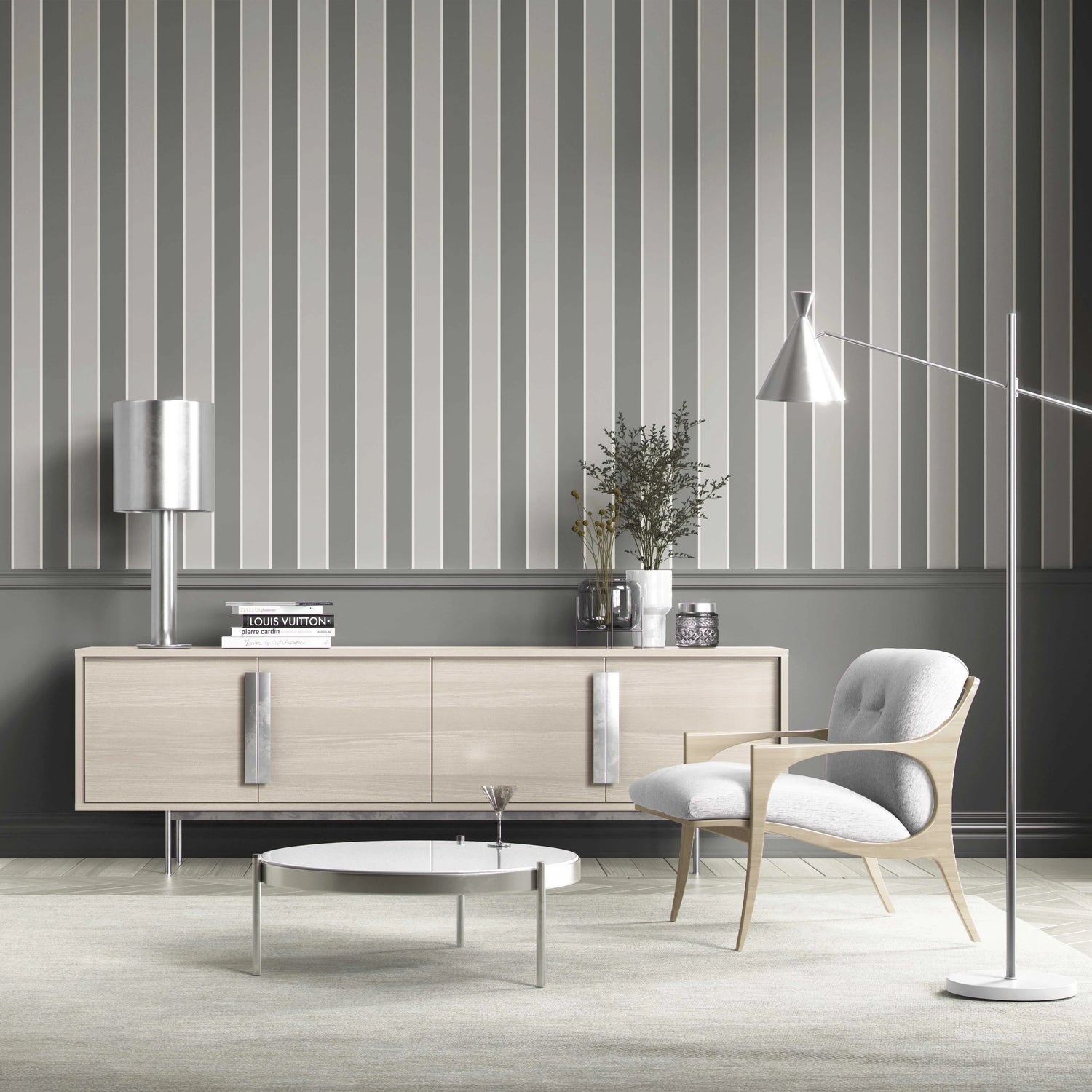 Neutral Geometric Striped Kitchen Wallpaper (Grey)
