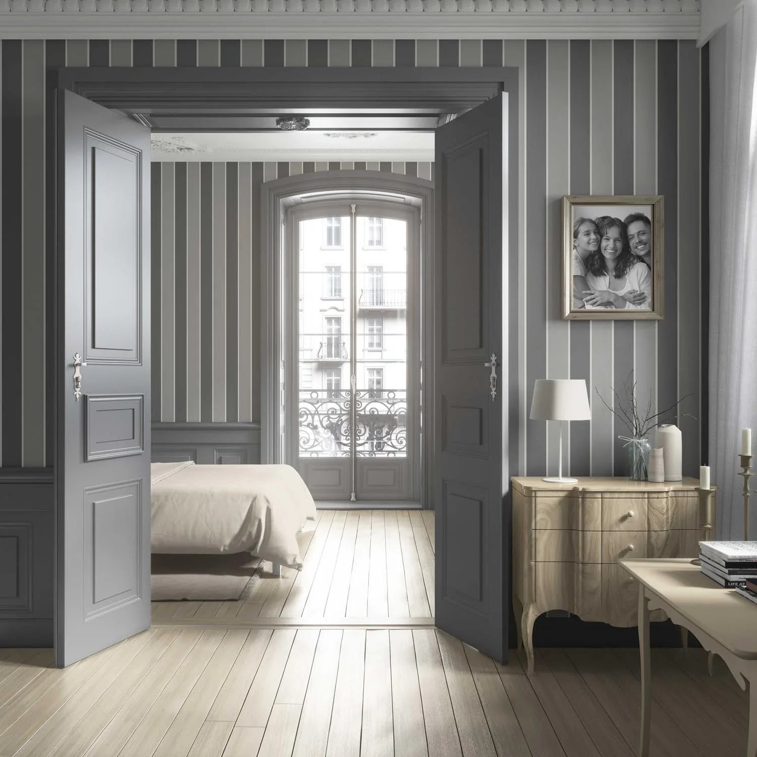 Neutral Geometric Striped Bathroom Wallpaper (Grey)