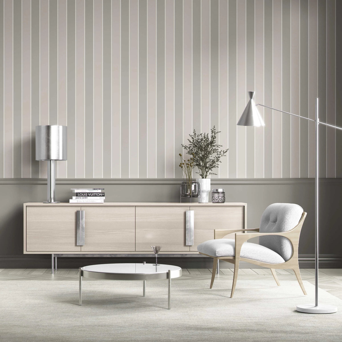 Neutral Geometric Striped Kitchen Wallpaper (Grey/ Beige/ Taupe)