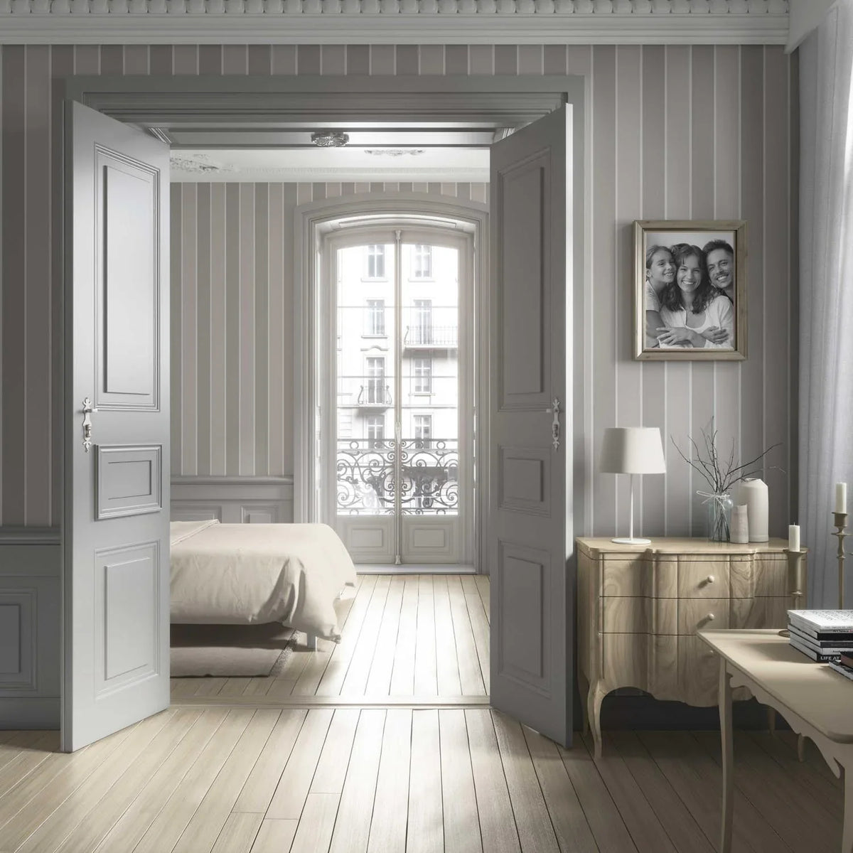 Neutral Geometric Striped Bathroom Wallpaper (Grey/ Beige/ Taupe)