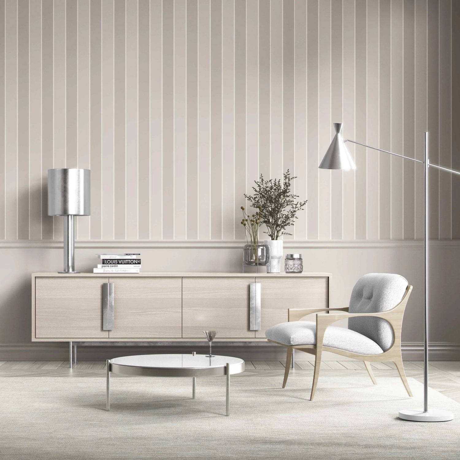 Neutral Geometric Striped Kitchen Wallpaper (Beige/ Greige/ Taupe)