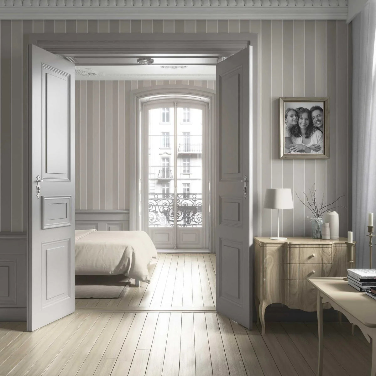 Neutral Geometric Striped Bathroom Wallpaper (Beige/ Greige/ Taupe)