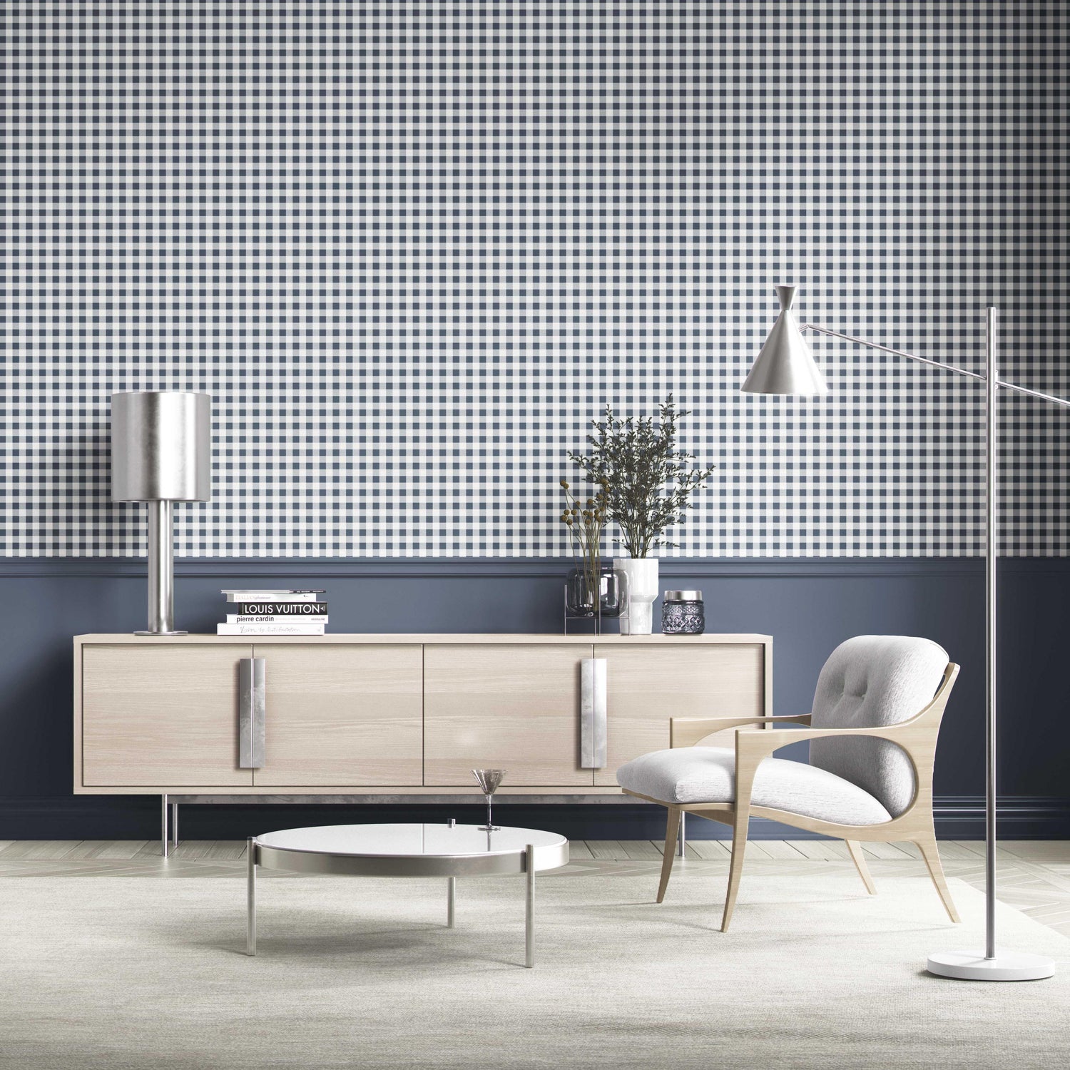 Gingham Checkered Living Room Wallpaper (Navy Blue)