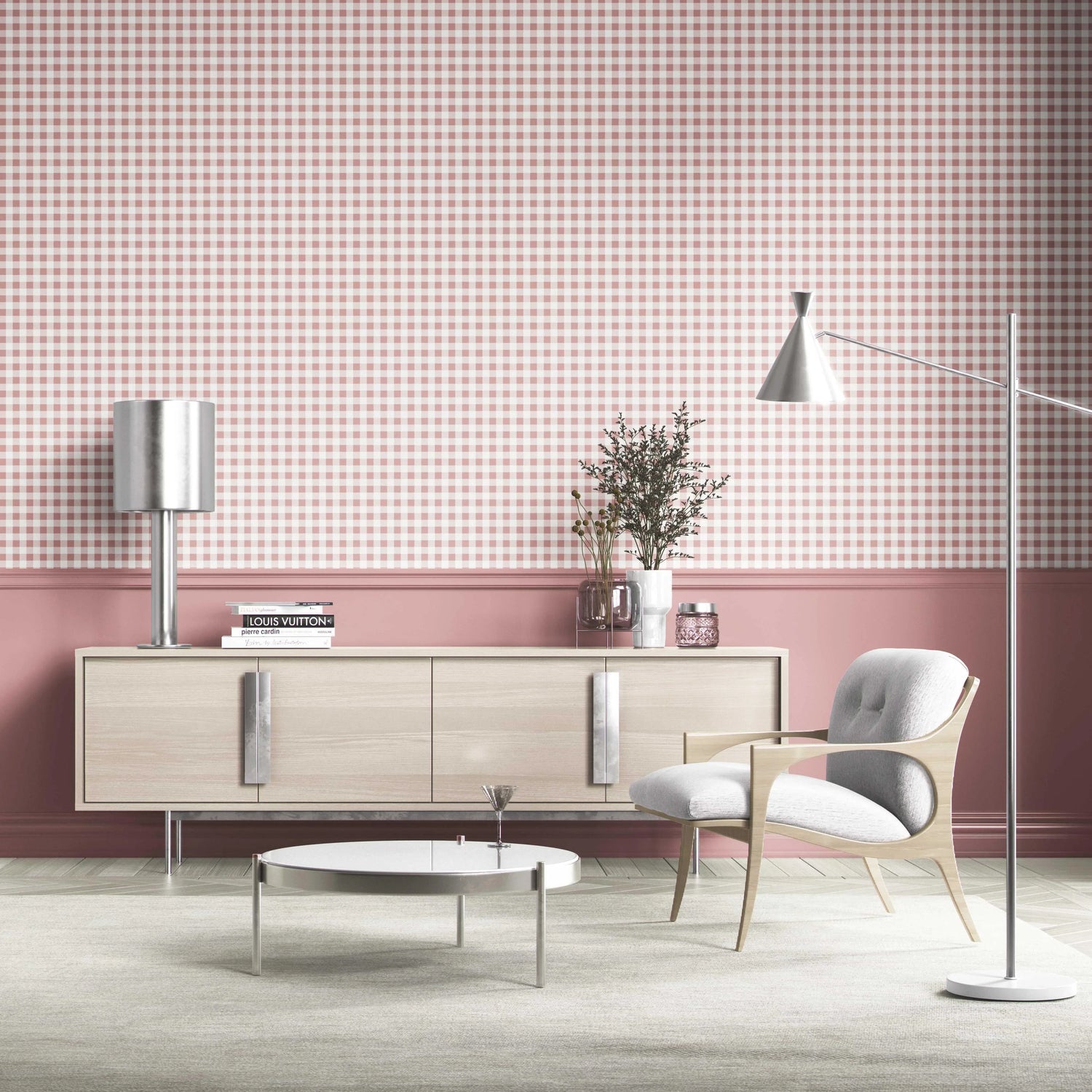 Gingham Checkered Living Room Wallpaper (Pink)