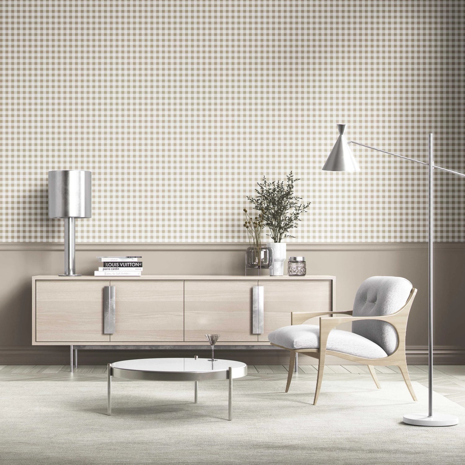 Neutral Gingham Checkered Kitchen Wallpaper (Beige)