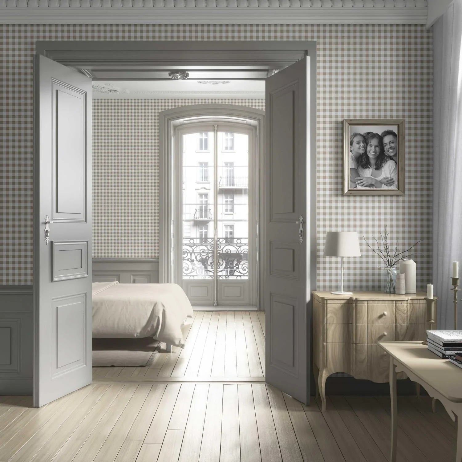 Neutral Gingham Checkered Living Room Wallpaper (Beige)
