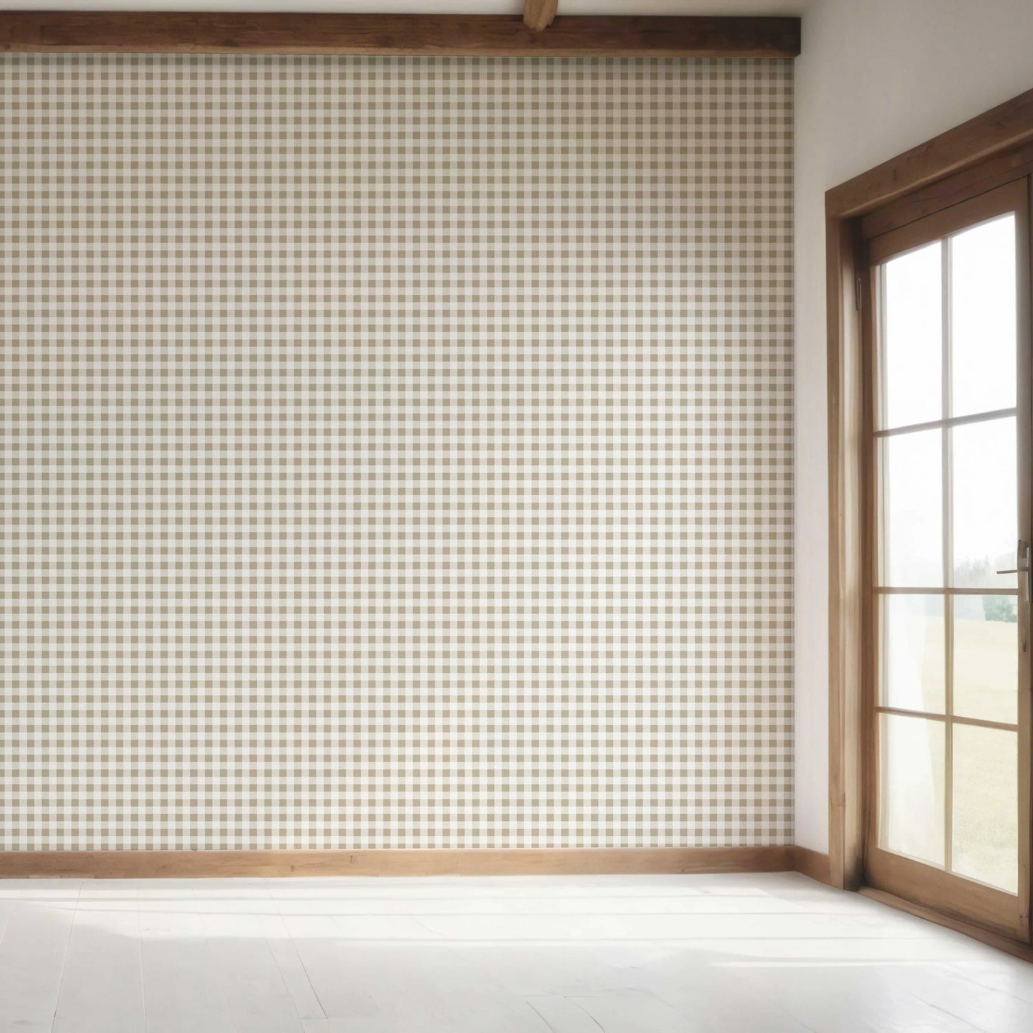 Neutral Gingham Checkered Bedroom Wallpaper (Beige)