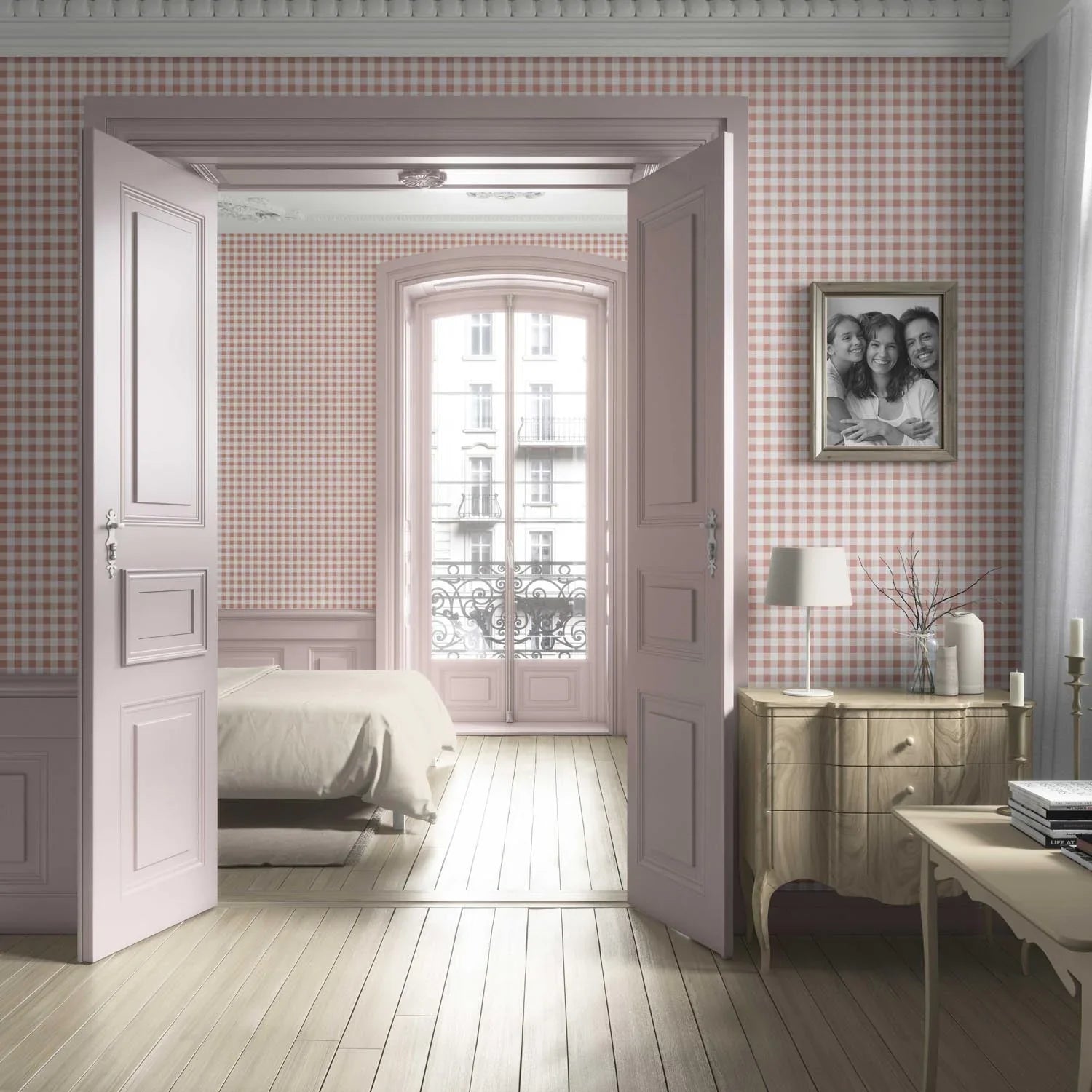 Gingham Checkered Living Room Wallpaper (Blush Pink)