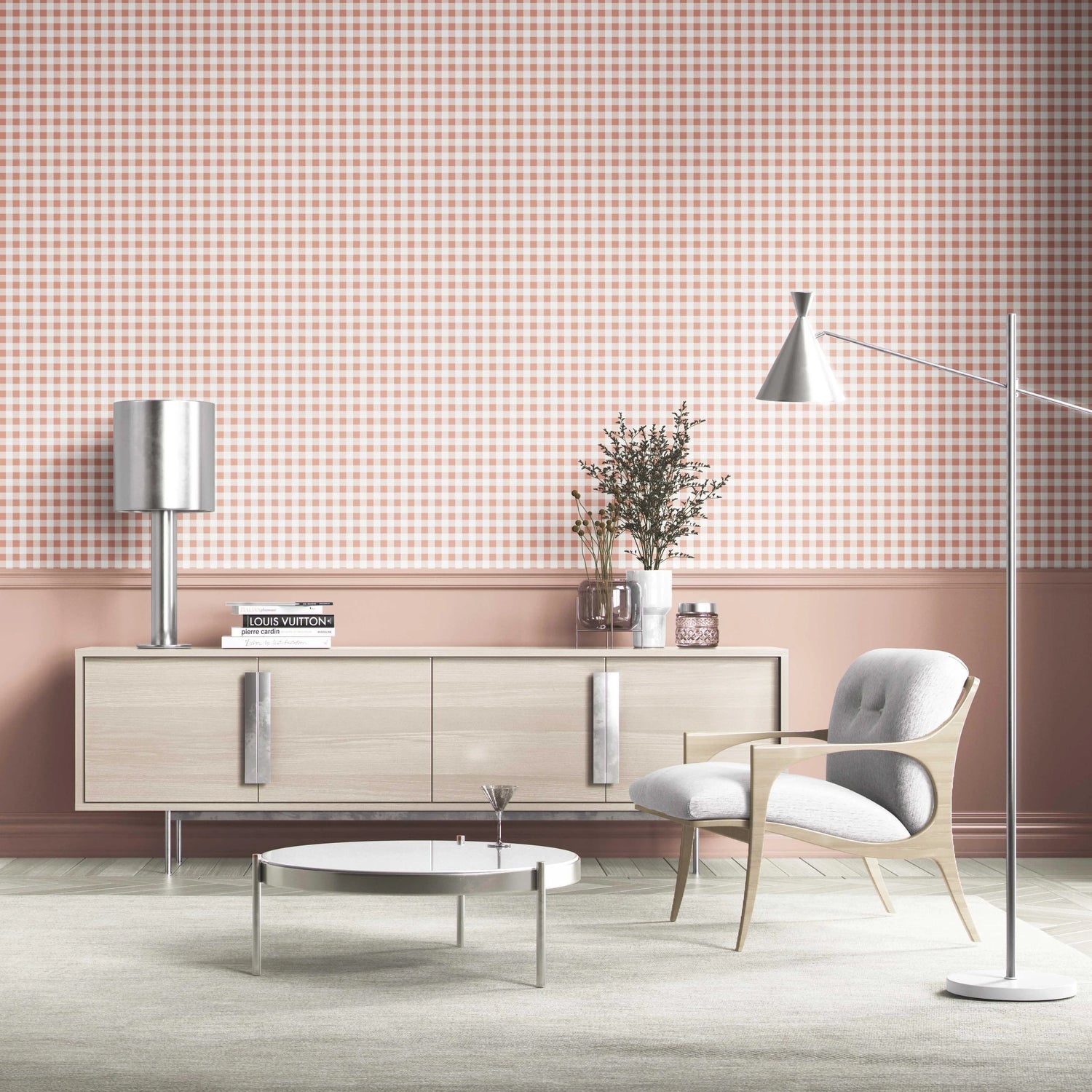Gingham Checkered Shower Toilet Wallpaper (Blush Pink)