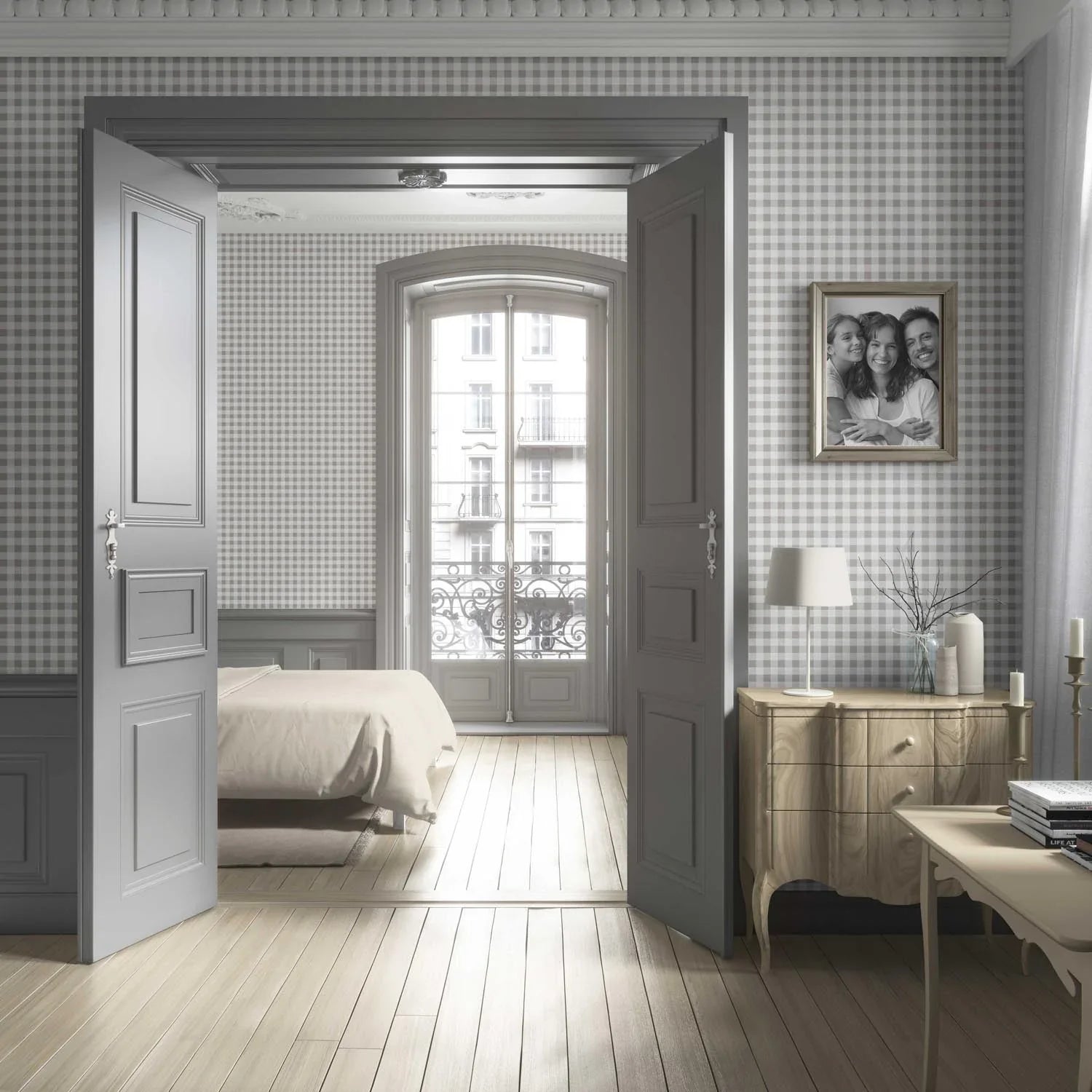 Neutral Gingham Checkered Living Room Wallpaper (Grey)