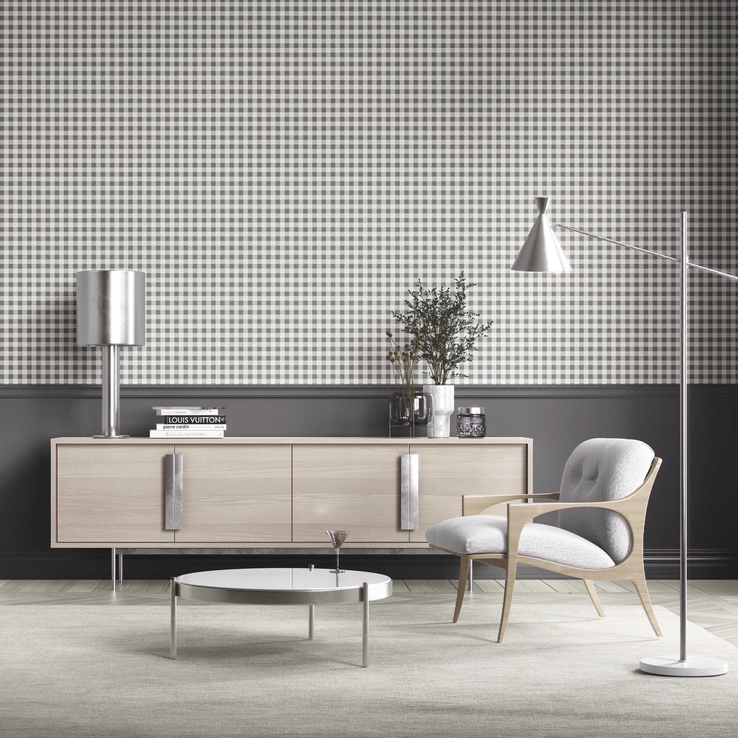 Neutral Gingham Checkered Kitchen Wallpaper (Grey)