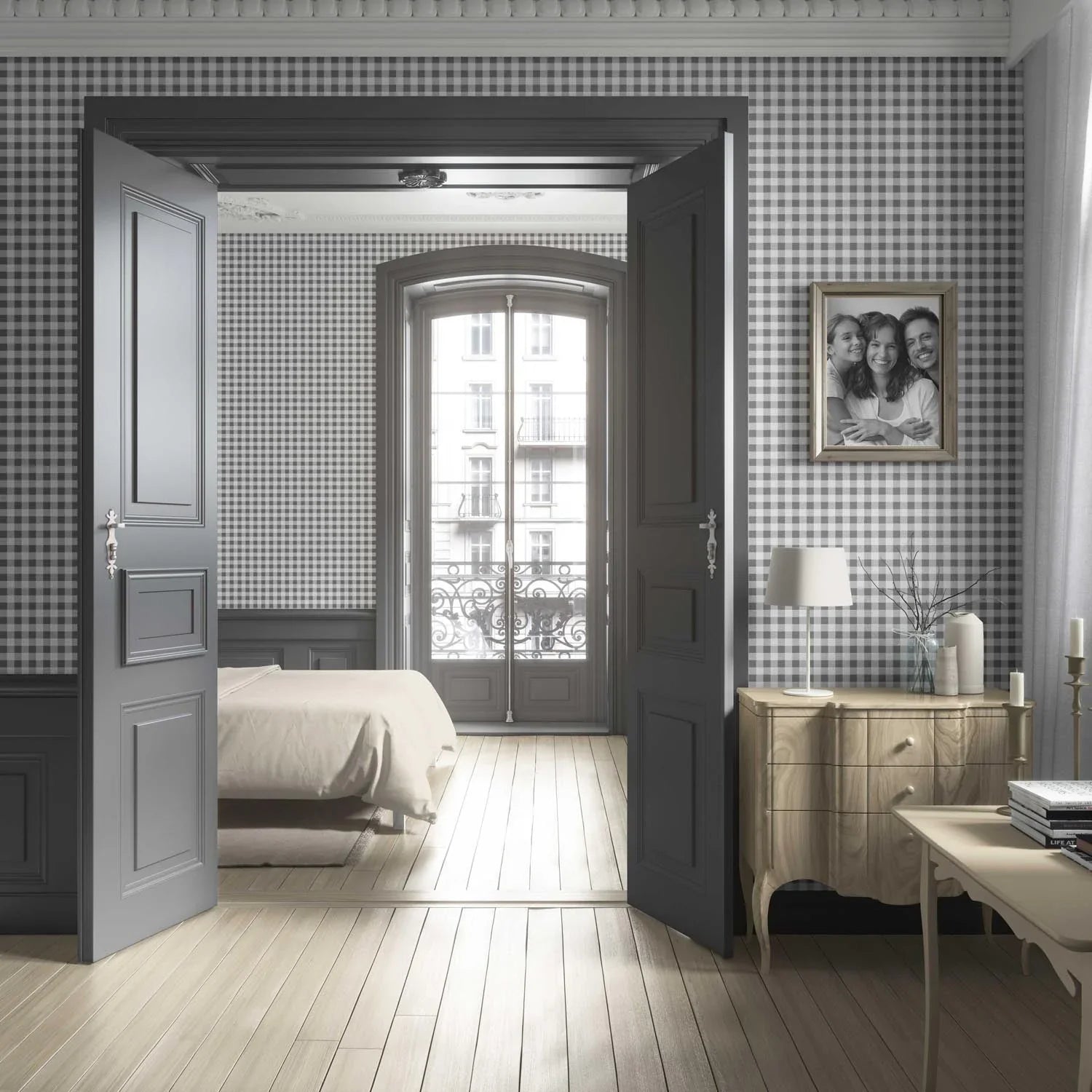 Neutral Gingham Checkered Living Room Wallpaper (Grey)