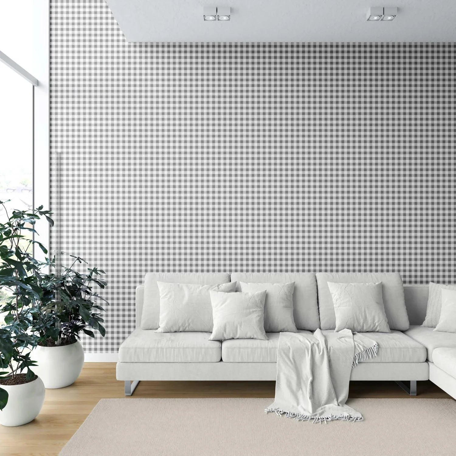 Neutral Gingham Checkered Shower Toilet Wallpaper (Grey)