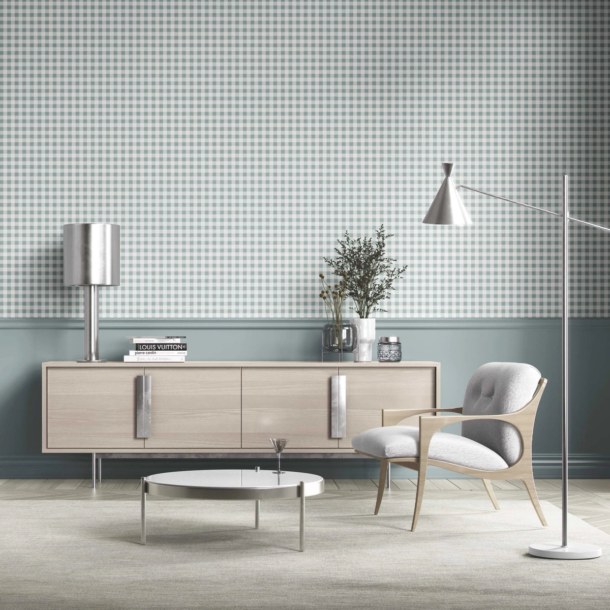Gingham Checkered Kitchen Wallpaper (Pastel Blue)