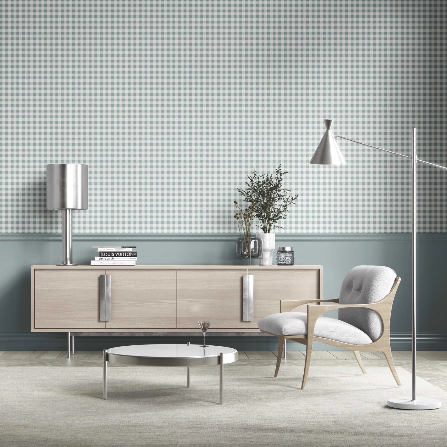 Gingham Checkered Kitchen Wallpaper (Pastel Blue)