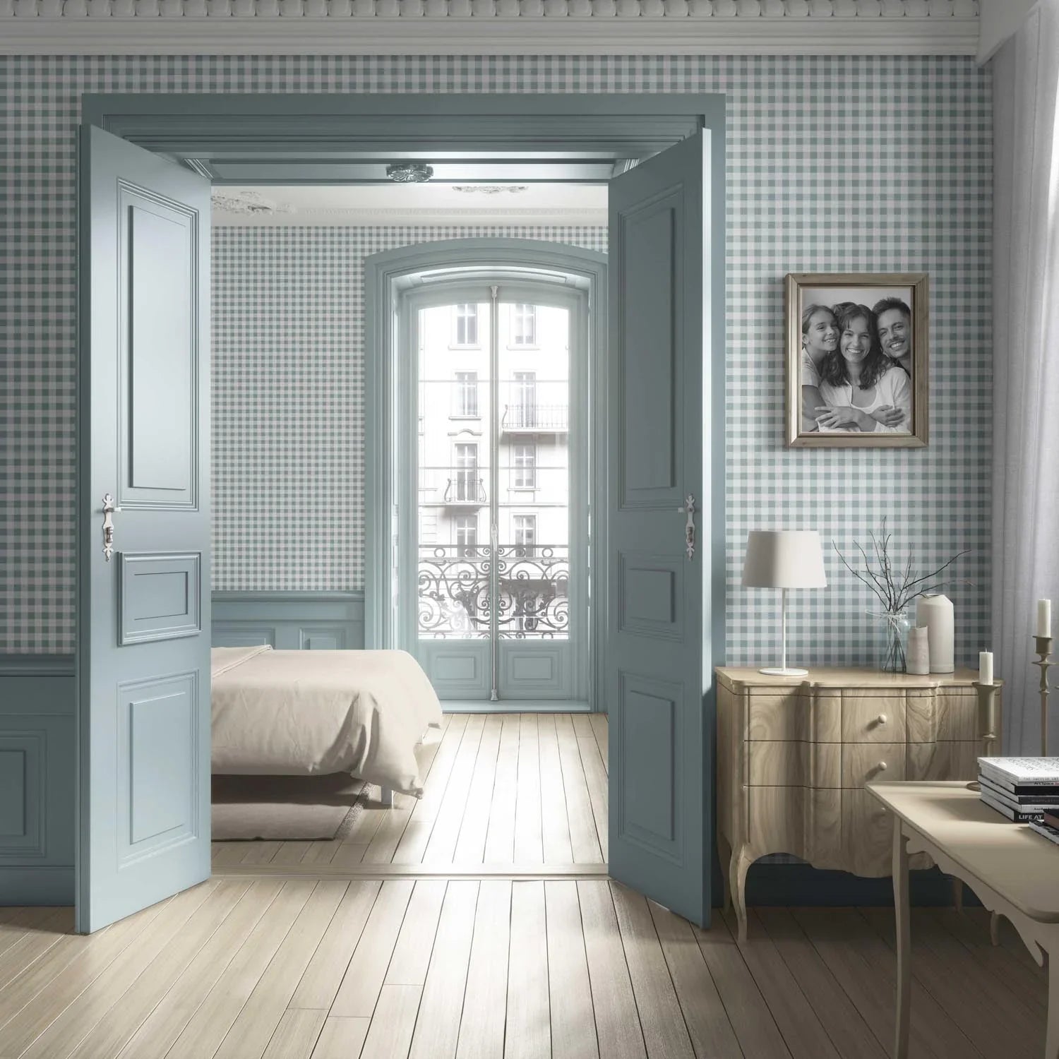 Gingham Checkered Living Room Wallpaper (Pastel Blue)