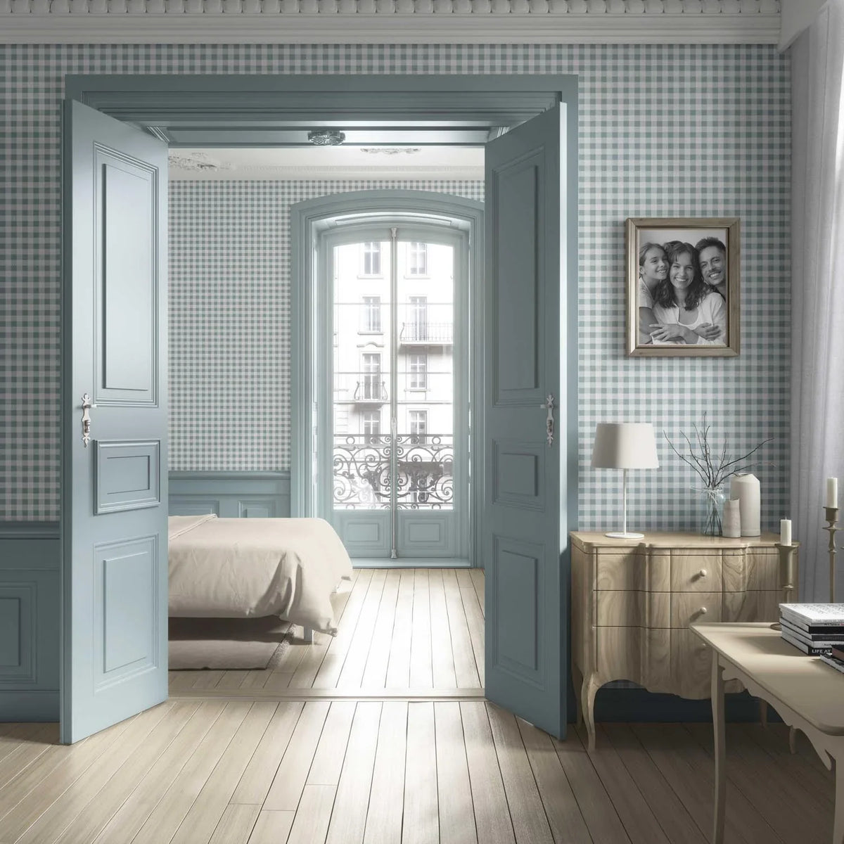 Gingham Checkered Living Room Wallpaper (Pastel Blue)