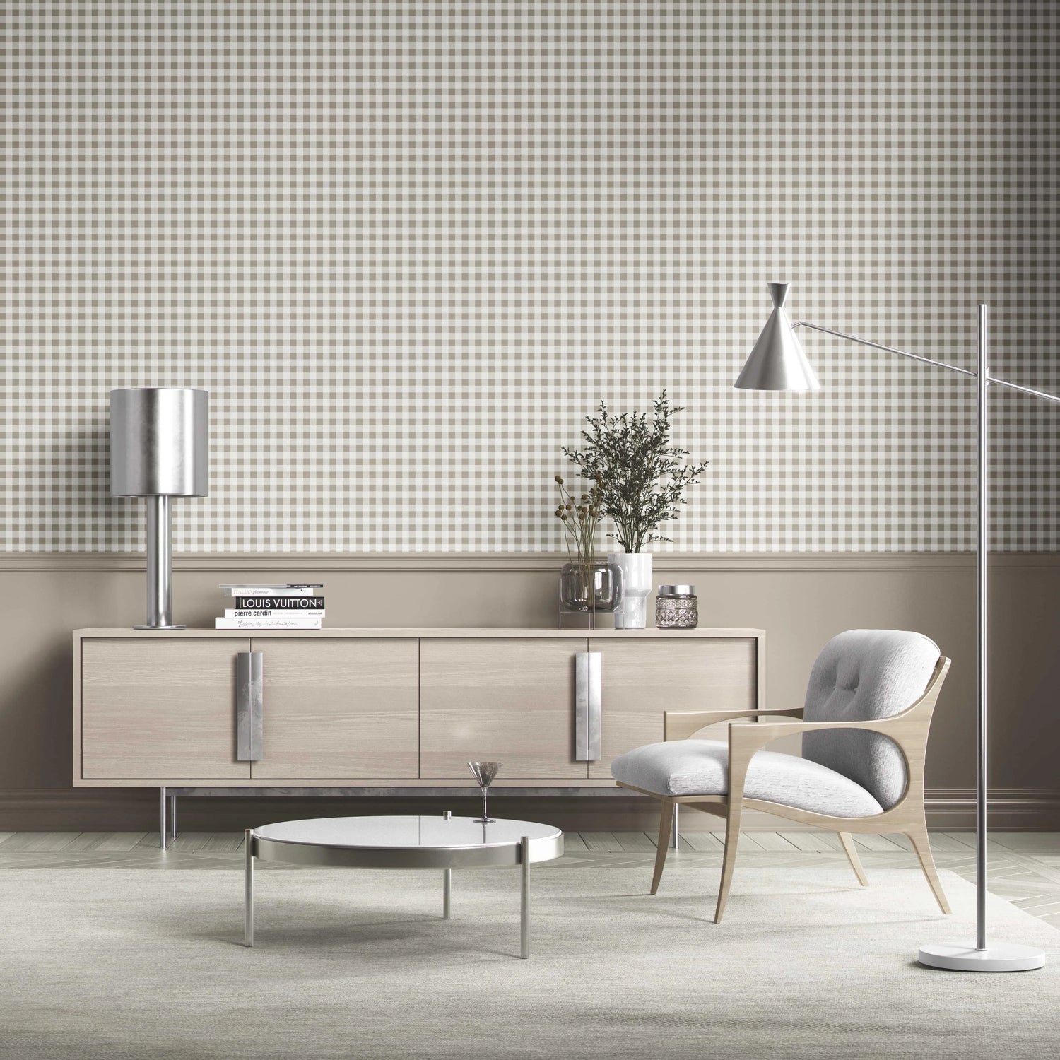 Neutral Gingham Checkered Kitchen Wallpaper (Taupe Grey/ Greige)