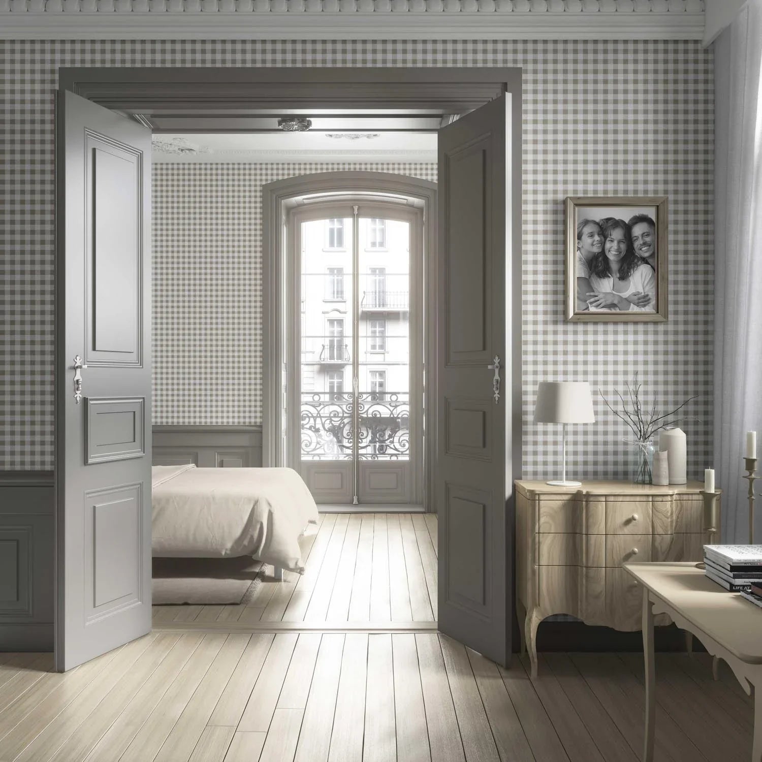 Neutral Gingham Checkered Living Room Wallpaper (Taupe Grey/ Greige)