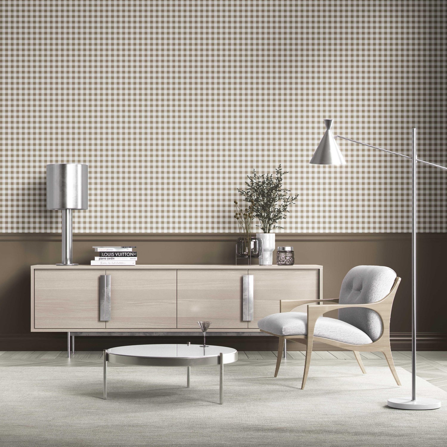 Neutral Gingham Checkered Kitchen Wallpaper (Brown)
