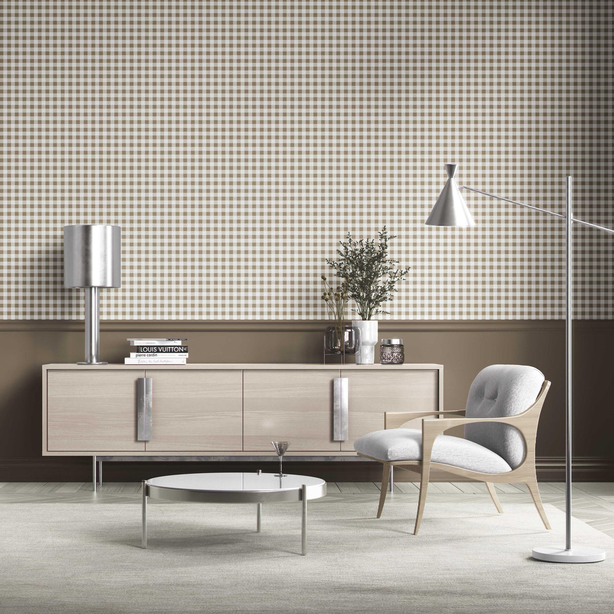 Neutral Gingham Checkered Kitchen Wallpaper (Brown)