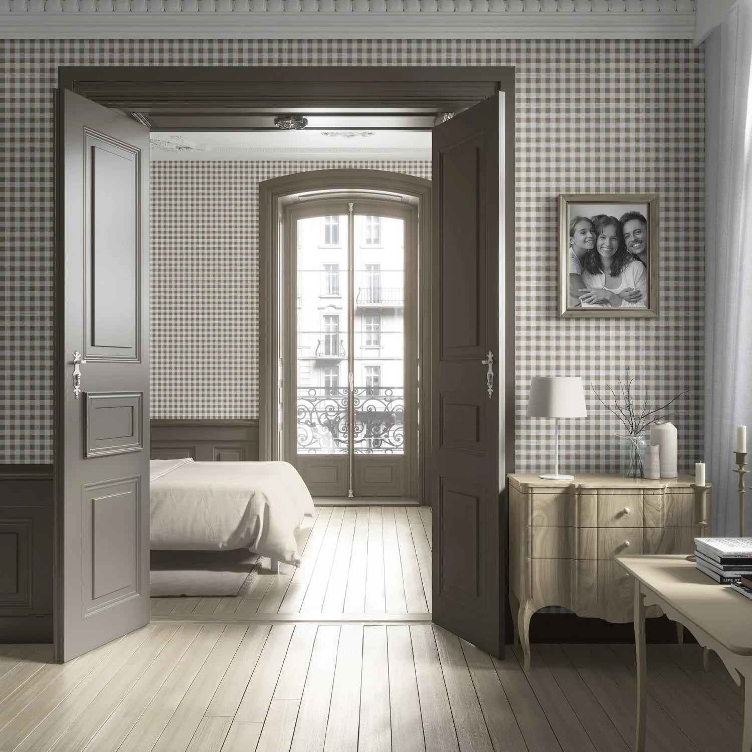 Neutral Gingham Checkered Living Room Wallpaper (Brown)