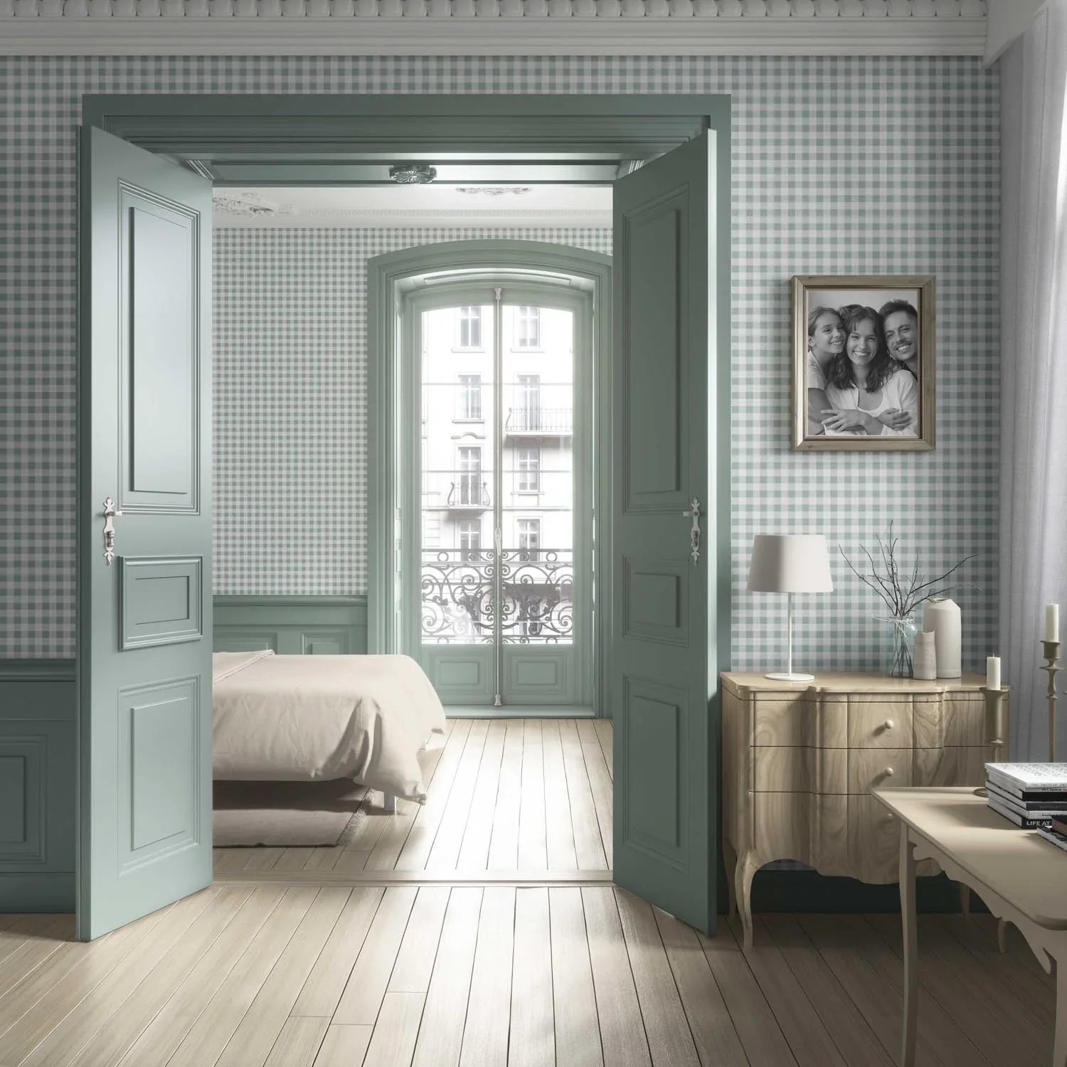 Gingham Checkered Living Room Wallpaper (Duck Egg Blue)