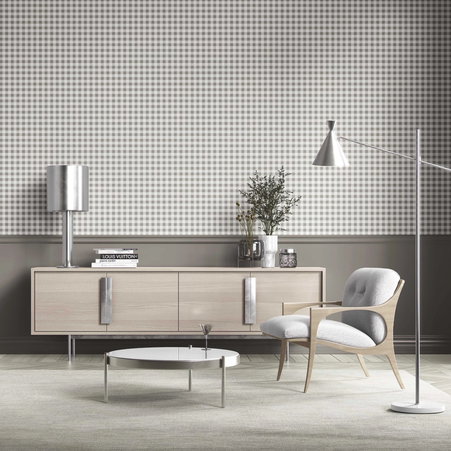 Neutral Gingham Checkered Kitchen Wallpaper (Grey)