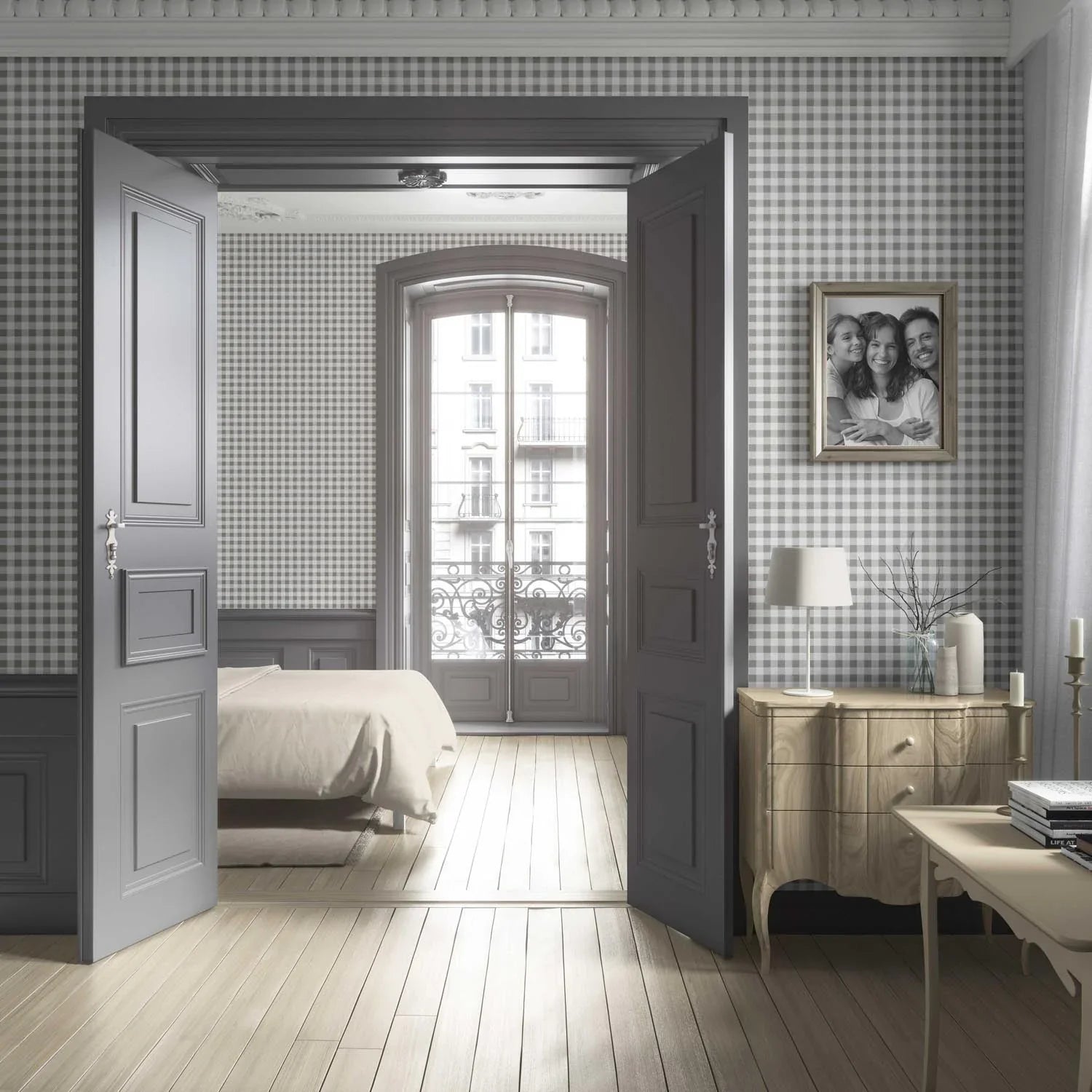 Neutral Gingham Checkered Living Room Wallpaper (Grey)